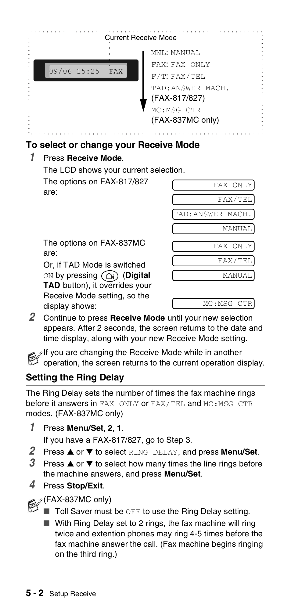 Setting the ring delay, Setting the ring delay -2 | Brother FAX-837MC User Manual | Page 40 / 130