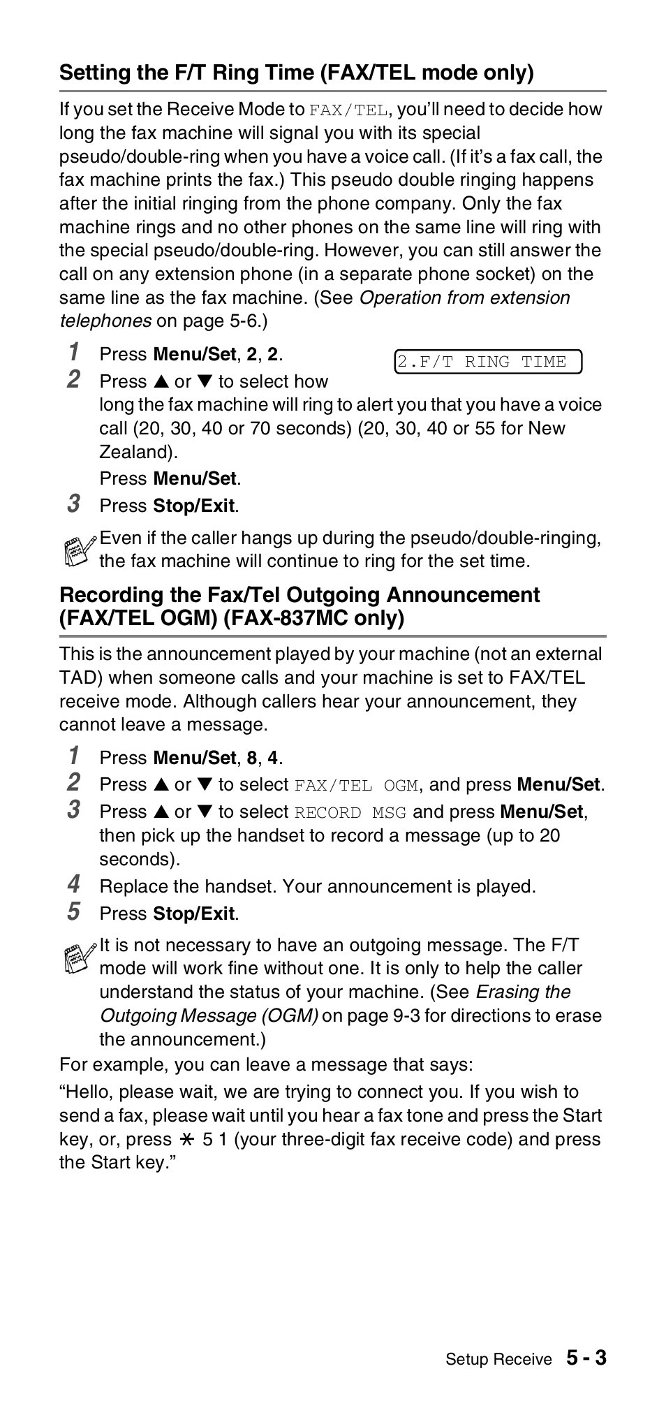 Setting the f/t ring time (fax/tel mode only), Fax/tel ogm) (fax-837mc only) -3 | Brother FAX-837MC User Manual | Page 41 / 130