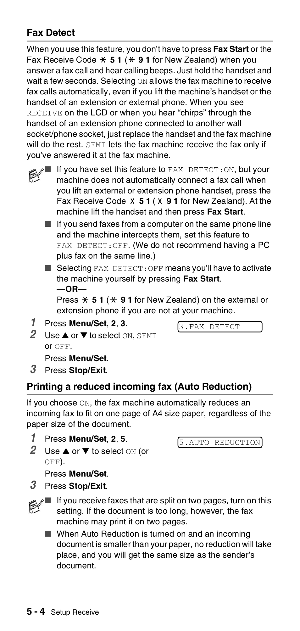 Fax detect, Printing a reduced incoming fax (auto reduction) | Brother FAX-837MC User Manual | Page 42 / 130