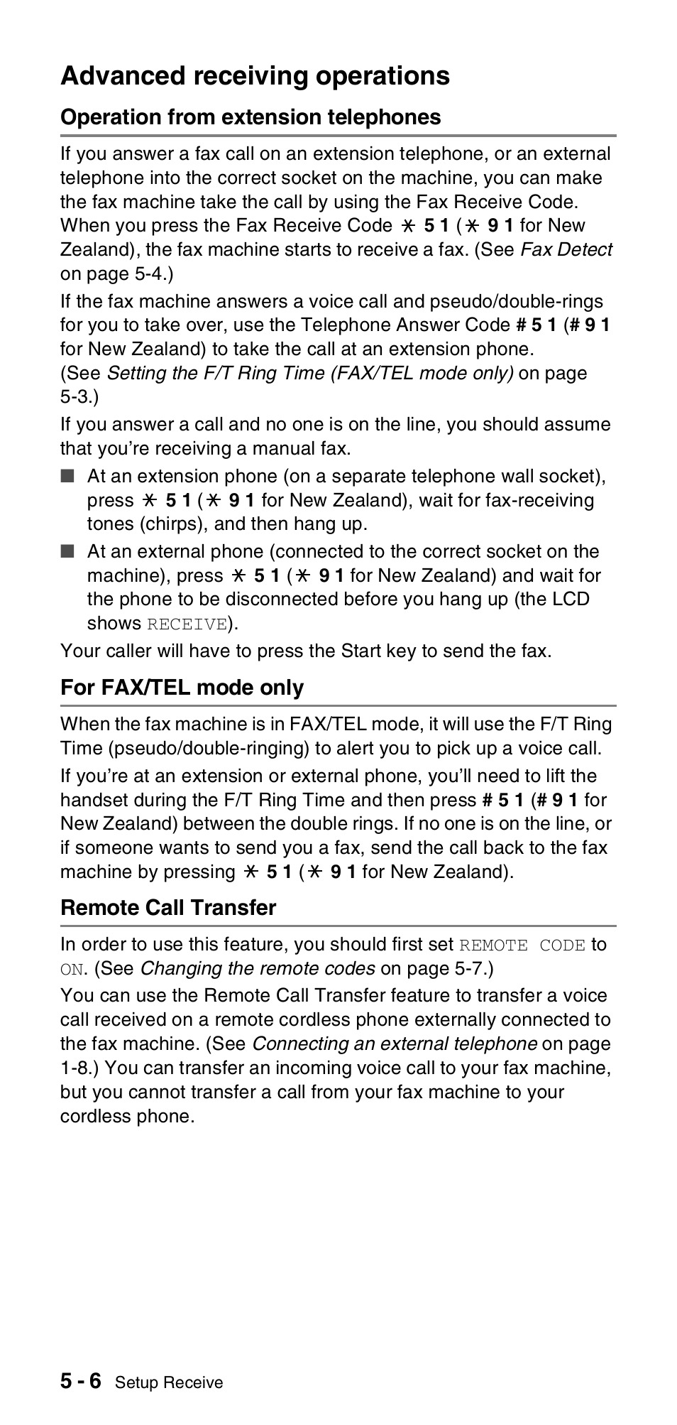 Advanced receiving operations, Operation from extension telephones, For fax/tel mode only | Remote call transfer, Advanced receiving operations -6 | Brother FAX-837MC User Manual | Page 44 / 130