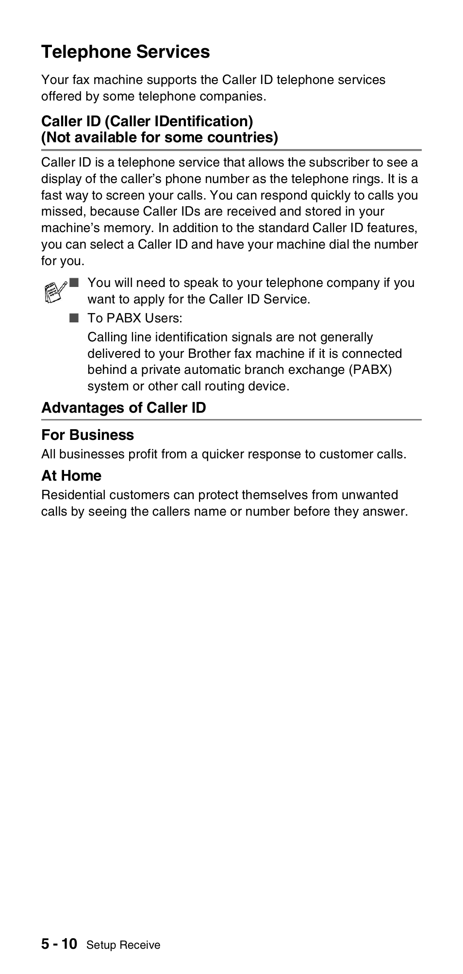 Telephone services, Advantages of caller id, Telephone services -10 | Caller id (caller identification), Not available for some countries) -10, Advantages of caller id -10 | Brother FAX-837MC User Manual | Page 48 / 130