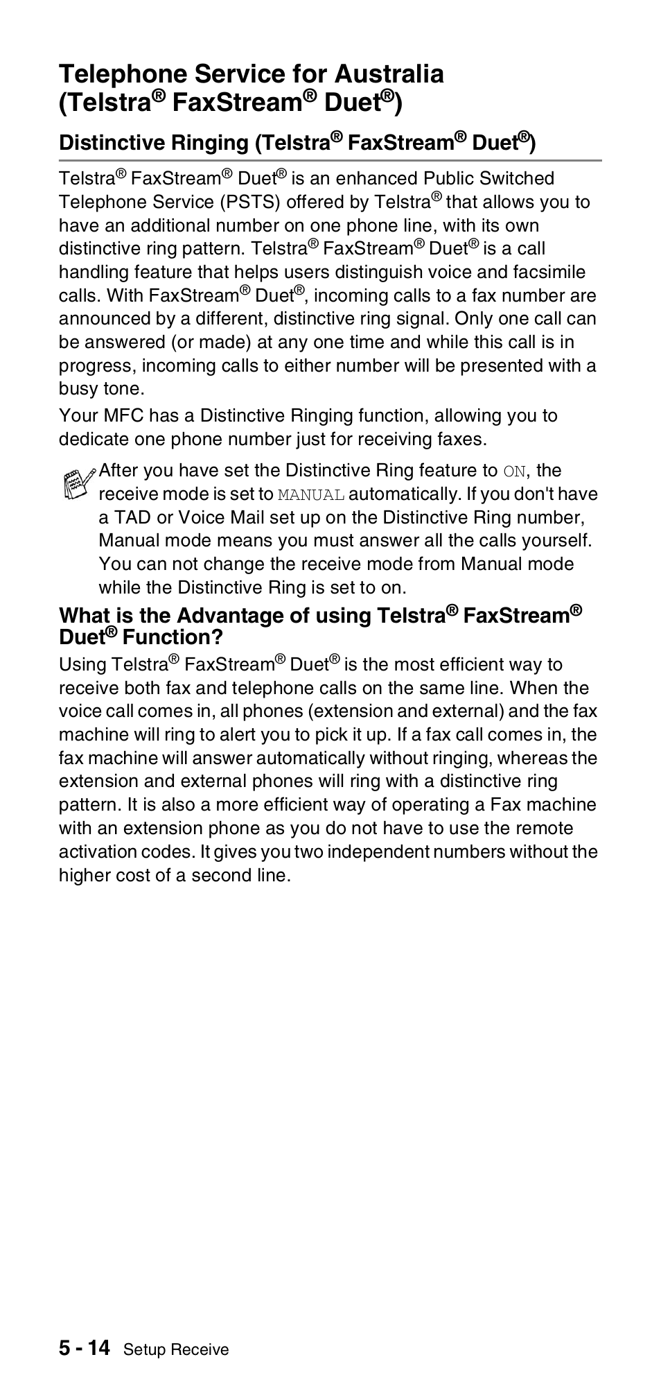 Distinctive ringing (telstra® faxstream® duet®), Telephone service for australia (telstra, Faxstream | Duet, Distinctive ringing (telstra, What is the advantage of using telstra, Function | Brother FAX-837MC User Manual | Page 52 / 130