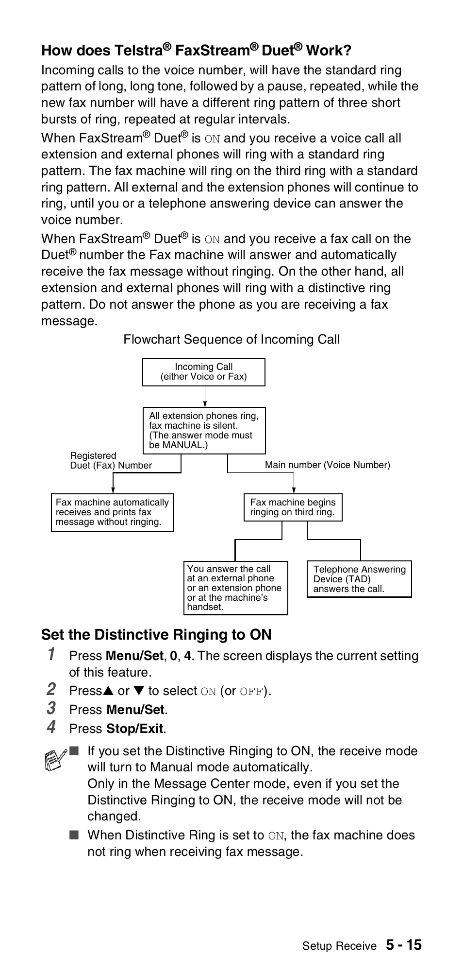 5 - 15 how does telstra, Faxstream, Duet | Work, Set the distinctive ringing to on | Brother FAX-837MC User Manual | Page 53 / 130