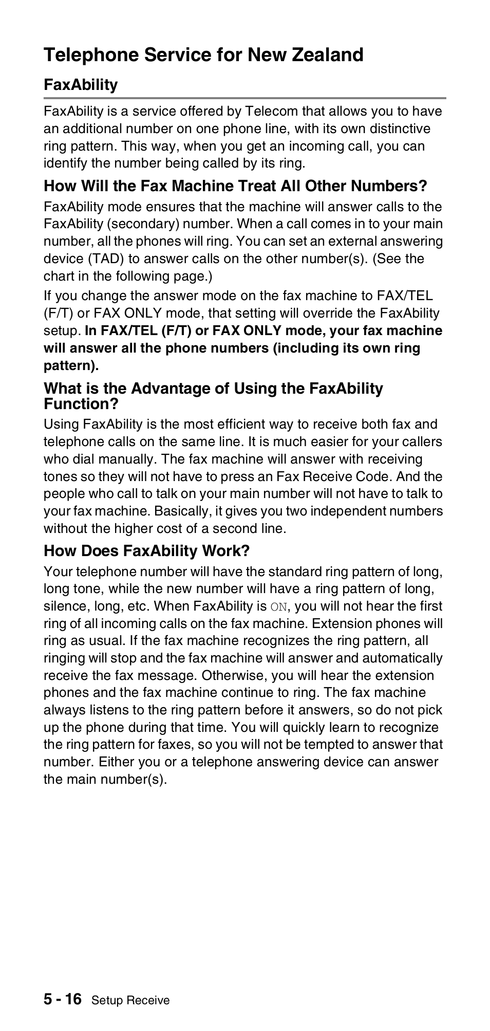 Telephone service for new zealand, Faxability, Telephone service for new zealand -16 | Faxability -16 | Brother FAX-837MC User Manual | Page 54 / 130