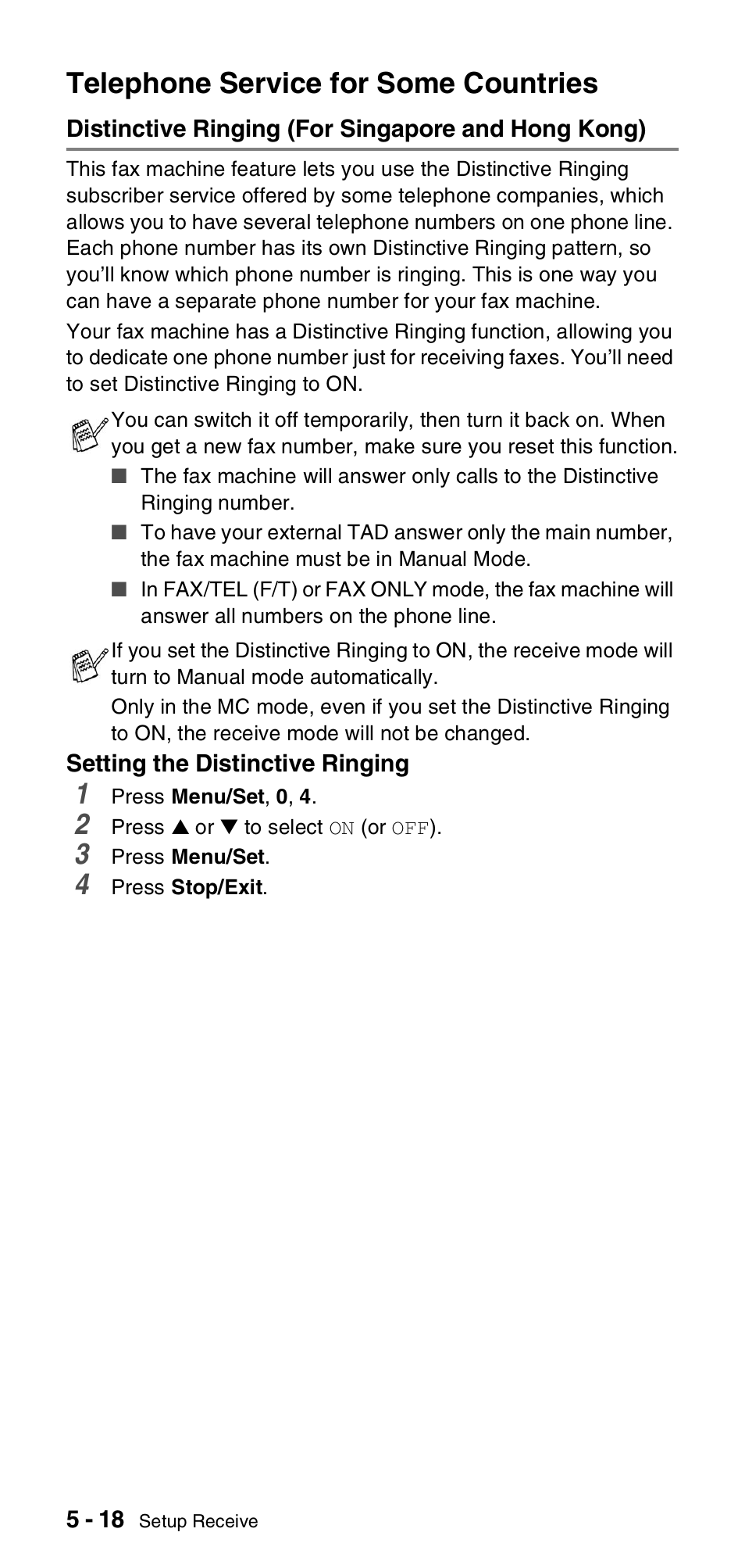 Telephone service for some countries, Distinctive ringing (for singapore and hong kong), Telephone service for some countries -18 | Distinctive ringing, For singapore and hong kong) -18 | Brother FAX-837MC User Manual | Page 56 / 130