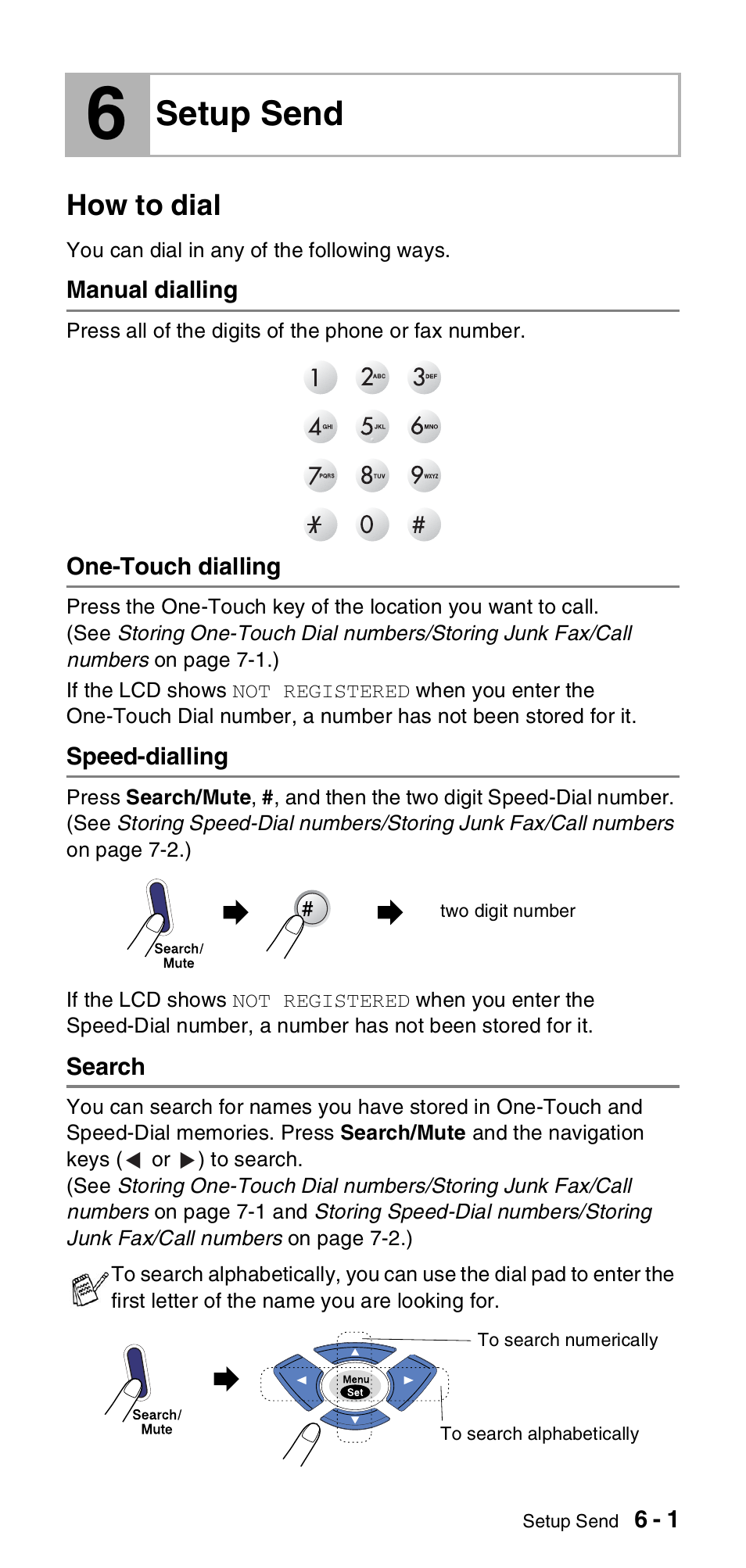 6 setup send, How to dial, Manual dialling | One-touch dialling, Speed-dialling, Search, Setup send -1, How to dial -1, Setup send | Brother FAX-837MC User Manual | Page 57 / 130