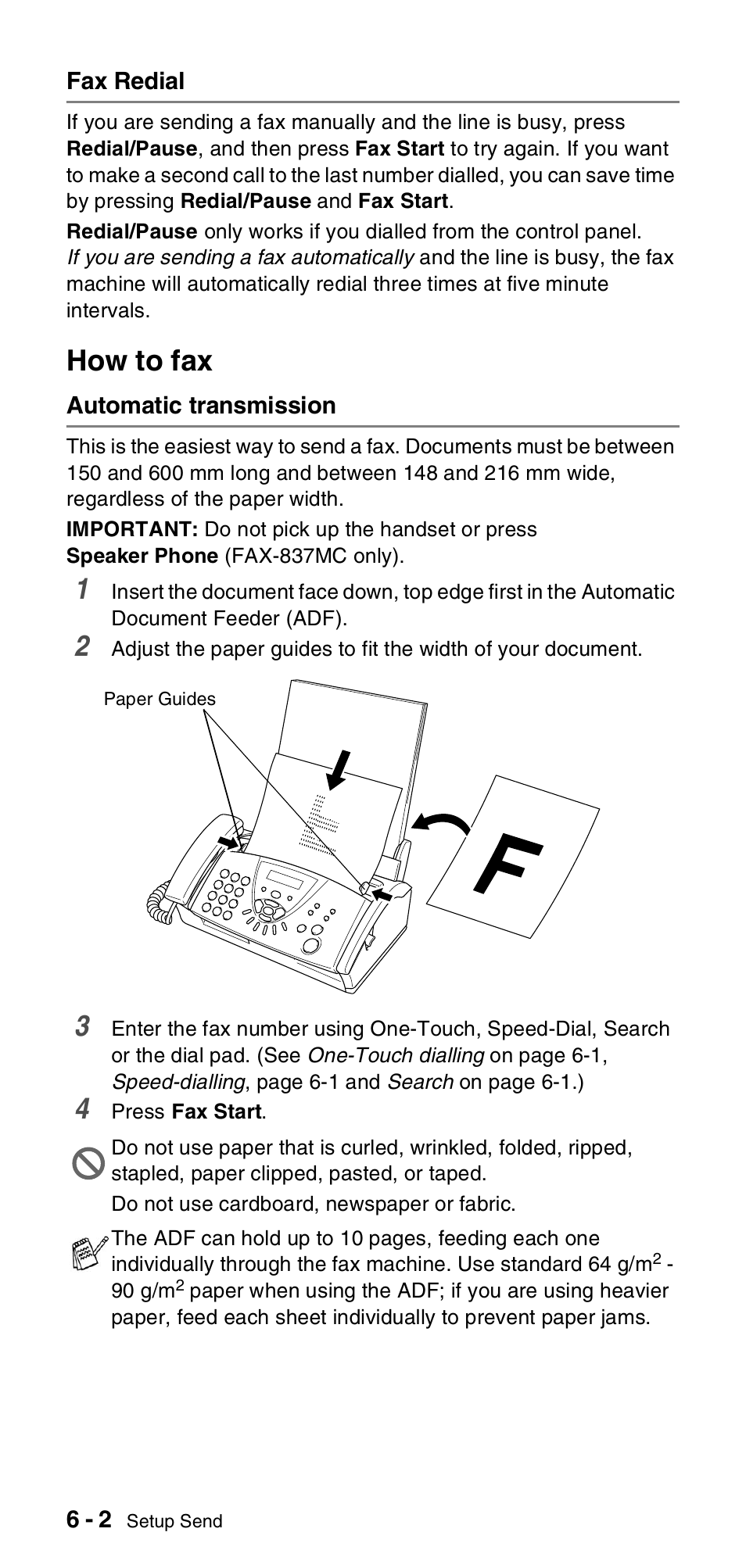 Fax redial, How to fax, Automatic transmission | Fax redial -2, How to fax -2, Automatic transmission -2 | Brother FAX-837MC User Manual | Page 58 / 130