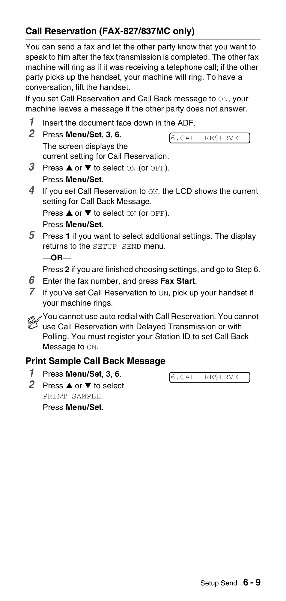 Call reservation (fax-827/837mc only), Call reservation (fax-827/837mc only) -9 | Brother FAX-837MC User Manual | Page 65 / 130