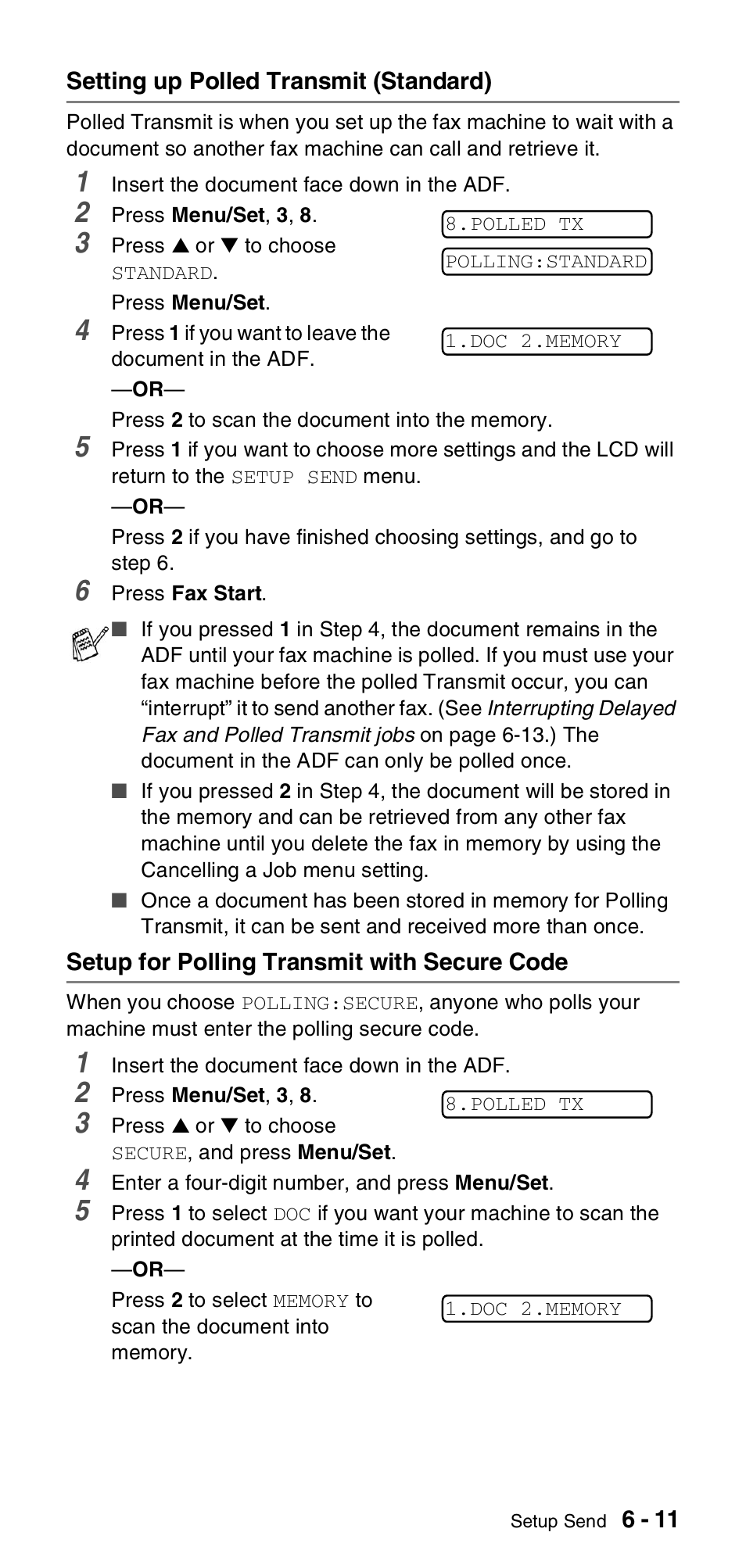 Setting up polled transmit (standard), Setup for polling transmit with secure code | Brother FAX-837MC User Manual | Page 67 / 130