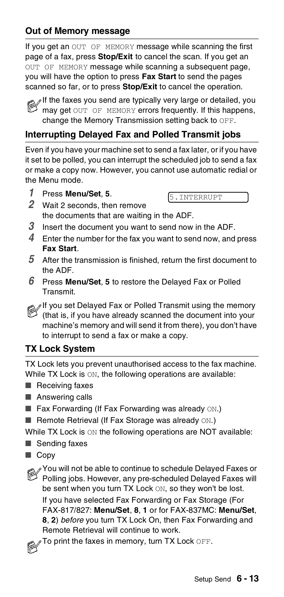 Out of memory message, Interrupting delayed fax and polled transmit jobs, Tx lock system | Jobs -13, Tx lock system -13 | Brother FAX-837MC User Manual | Page 69 / 130