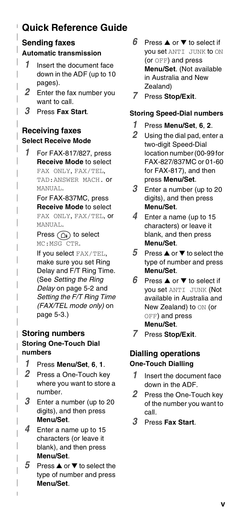 Quick reference guide | Brother FAX-837MC User Manual | Page 7 / 130