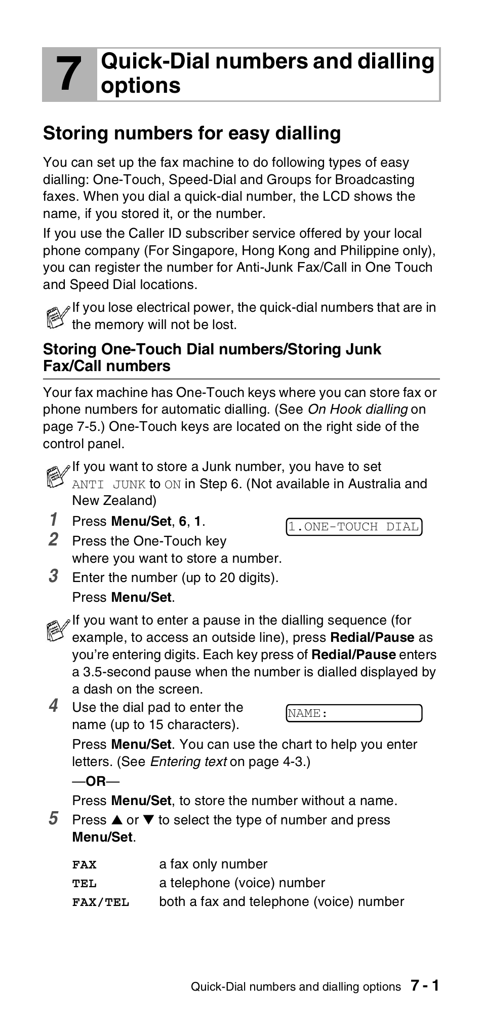 7 quick-dial numbers and dialling options, Storing numbers for easy dialling, Quick-dial numbers and dialling options -1 | Storing numbers for easy dialling -1, Storing one-touch dial numbers/storing junk, Fax/call numbers -1, Quick-dial numbers and dialling options | Brother FAX-837MC User Manual | Page 71 / 130