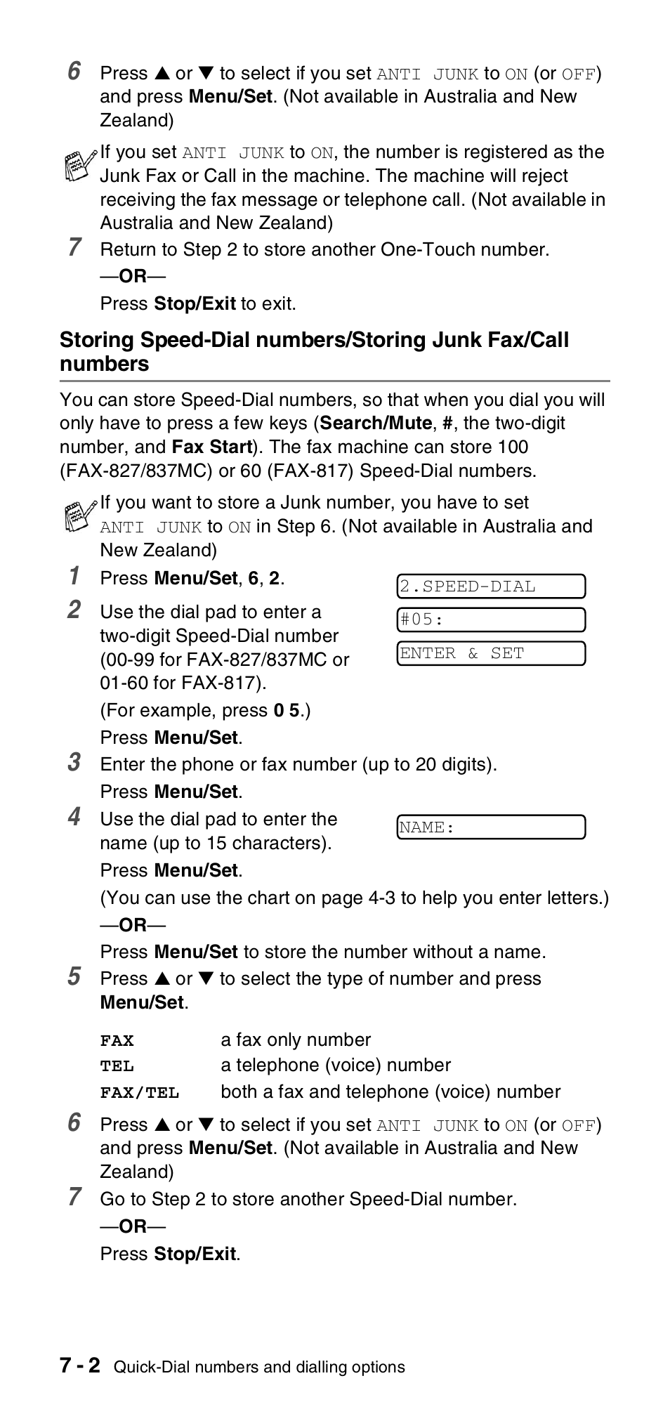 Storing speed-dial numbers/storing junk fax/call, Numbers -2 | Brother FAX-837MC User Manual | Page 72 / 130