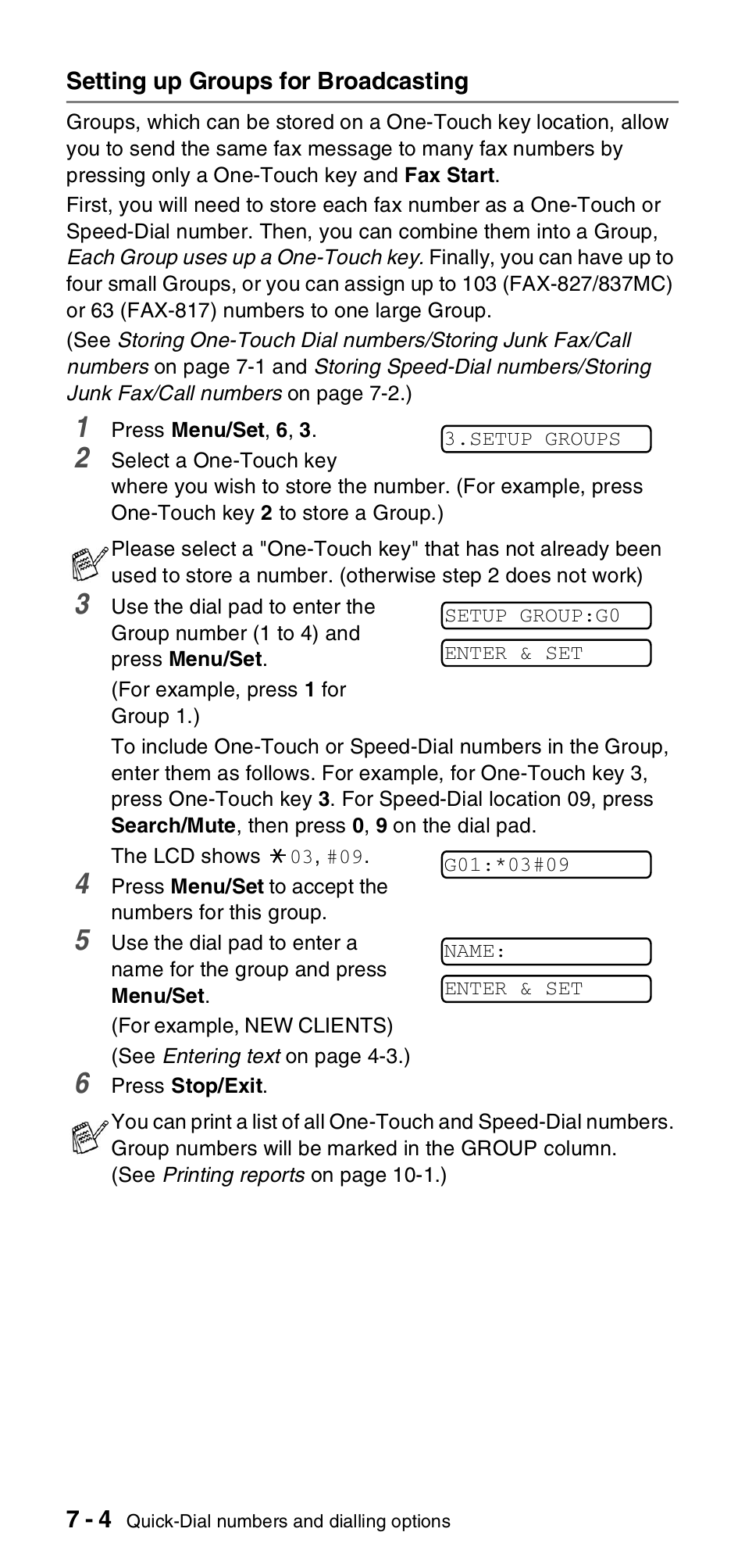 Setting up groups for broadcasting, Setting up groups for broadcasting -4 | Brother FAX-837MC User Manual | Page 74 / 130