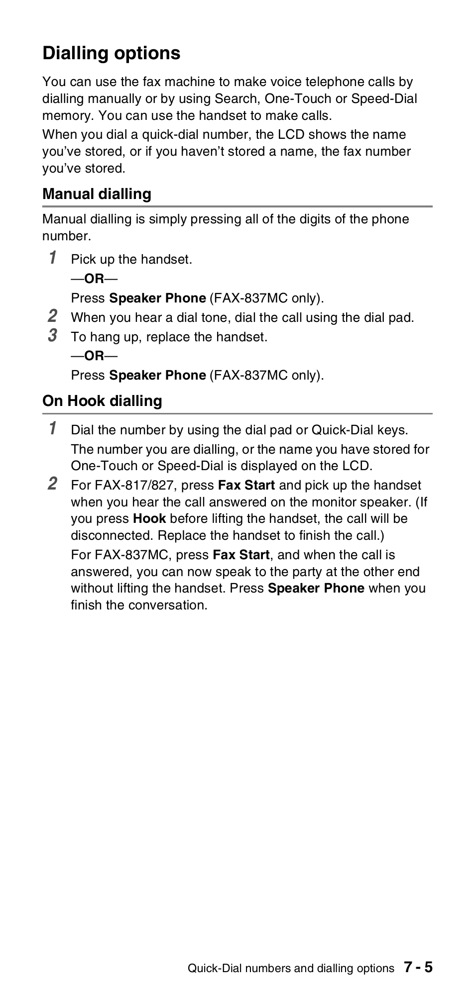 Dialling options, Manual dialling, On hook dialling | Dialling options -5, Manual dialling -5 on hook dialling -5 | Brother FAX-837MC User Manual | Page 75 / 130