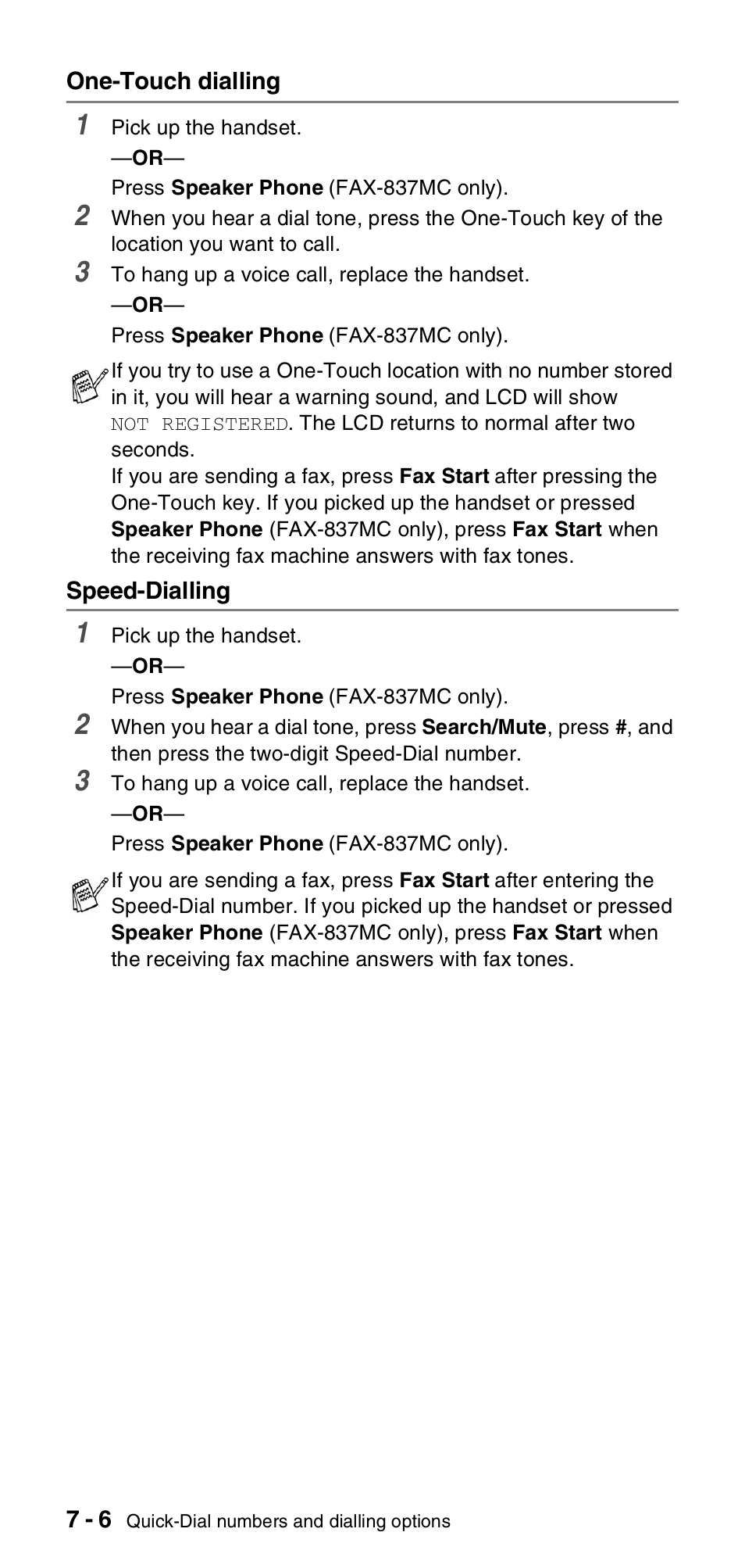 One-touch dialling, Speed-dialling, One-touch dialling -6 speed-dialling -6 | Brother FAX-837MC User Manual | Page 76 / 130