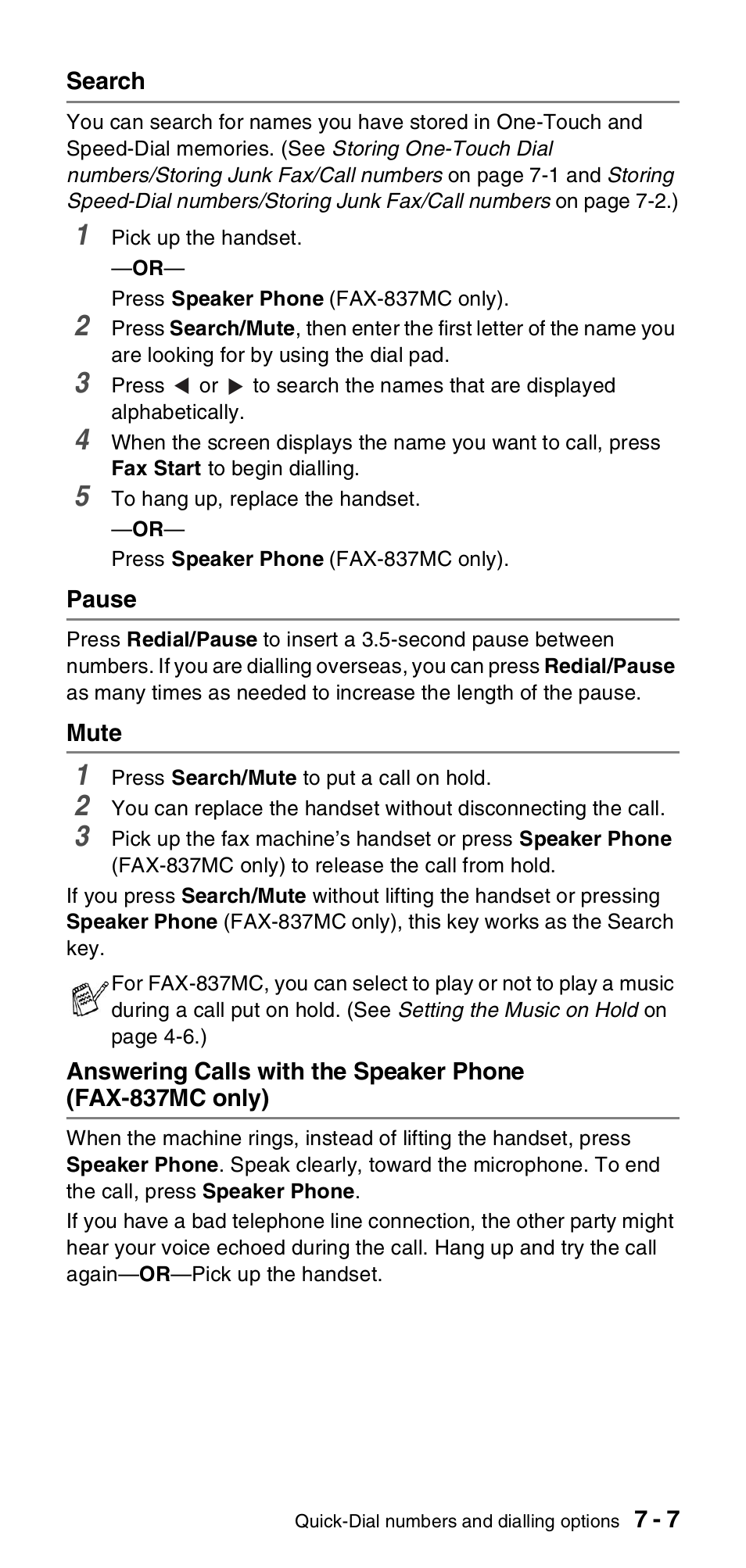 Search, Pause, Mute | Fax-837mc only) -7 | Brother FAX-837MC User Manual | Page 77 / 130