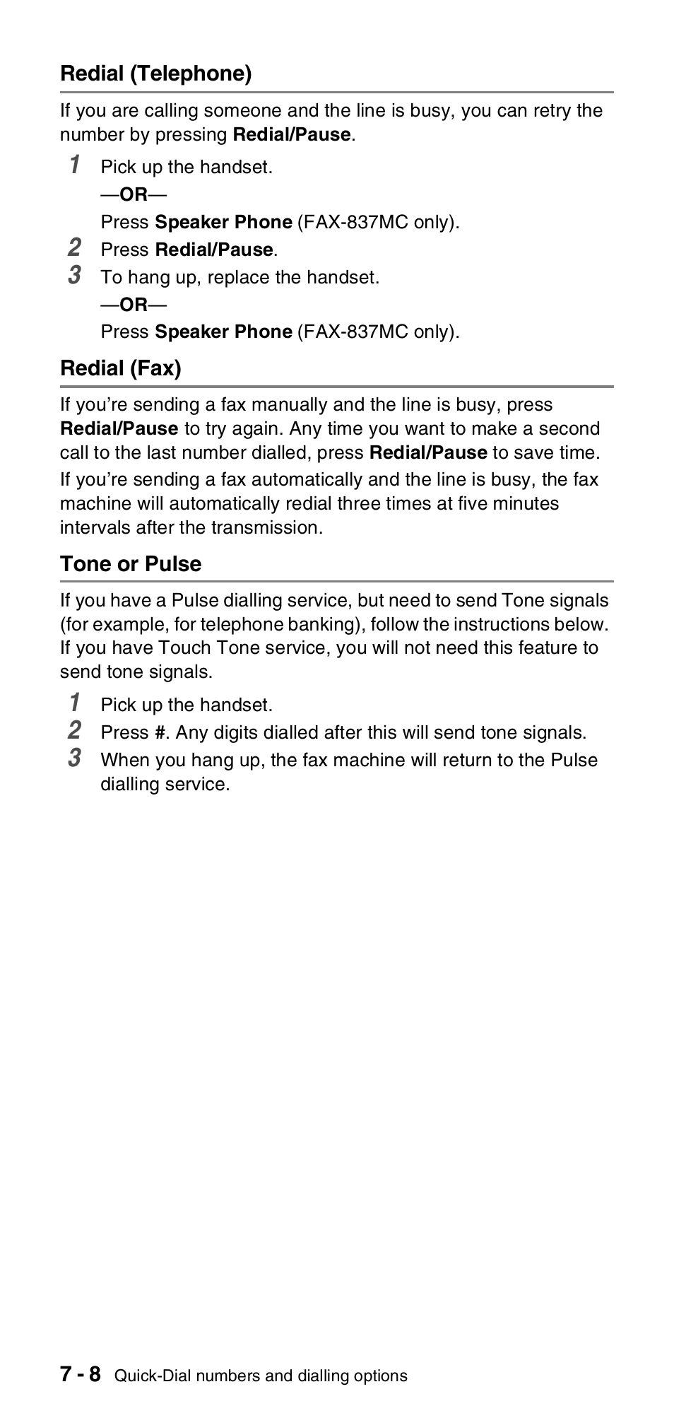 Redial (telephone), Redial (fax), Tone or pulse | Brother FAX-837MC User Manual | Page 78 / 130