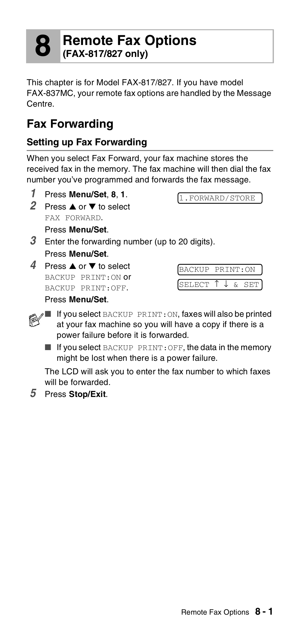 8 remote fax options (fax-817/827 only), Fax forwarding, Setting up fax forwarding | Remote fax options (fax-817/827 only) -1, Fax forwarding -1, Setting up fax forwarding -1, Remote fax options | Brother FAX-837MC User Manual | Page 79 / 130