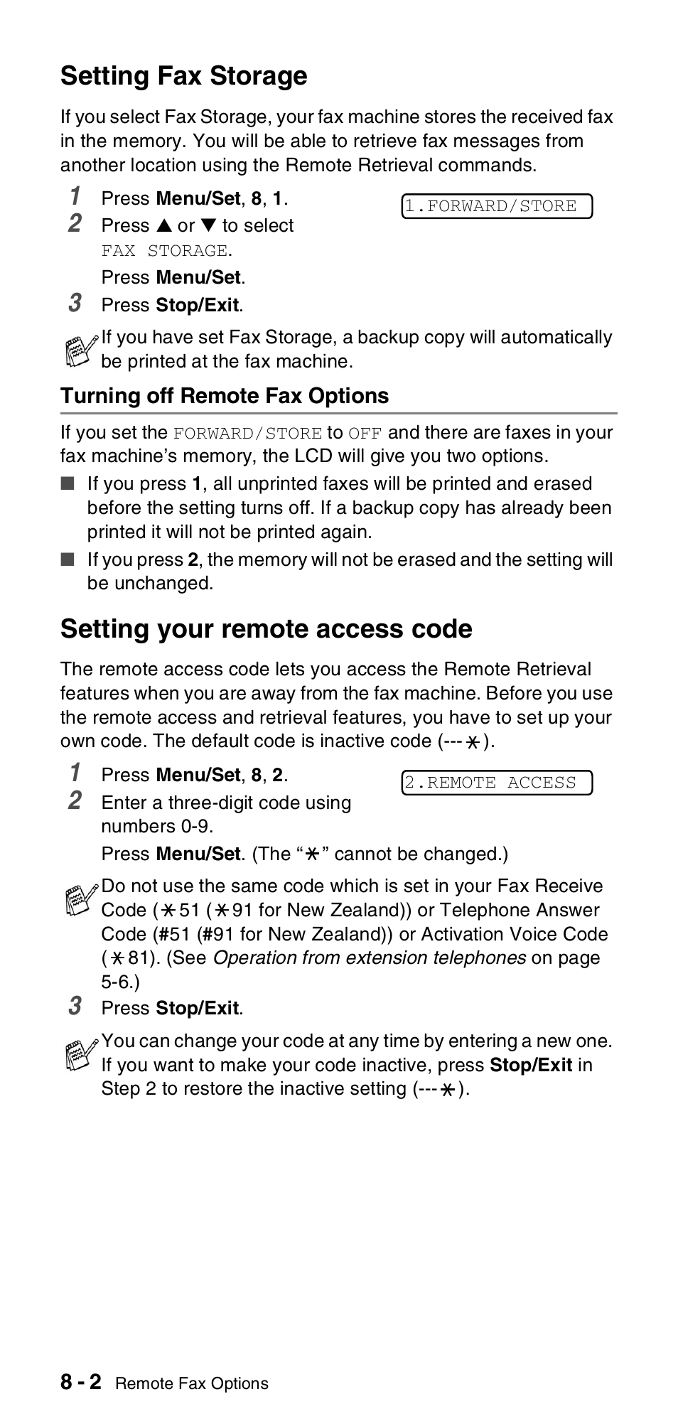 Setting fax storage, Turning off remote fax options, Setting your remote access code | Setting fax storage -2, Turning off remote fax options -2, Setting your remote access code -2 | Brother FAX-837MC User Manual | Page 80 / 130