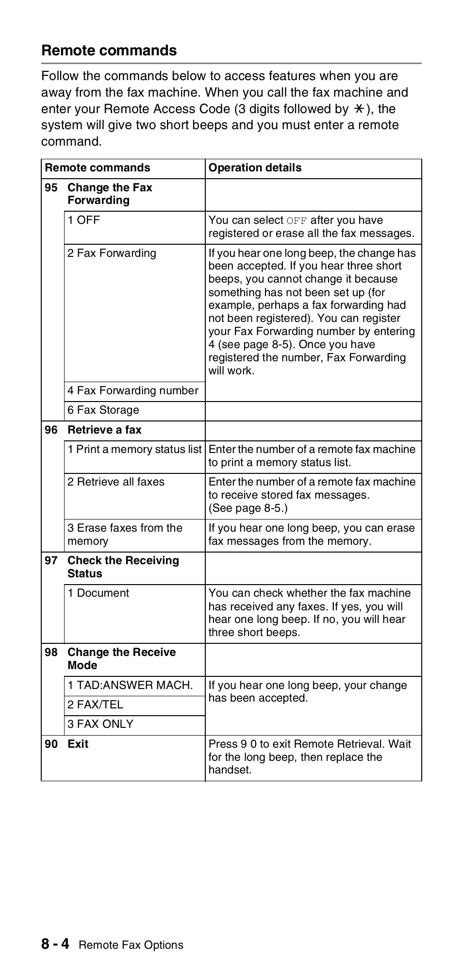 Remote commands, Remote commands -4 | Brother FAX-837MC User Manual | Page 82 / 130