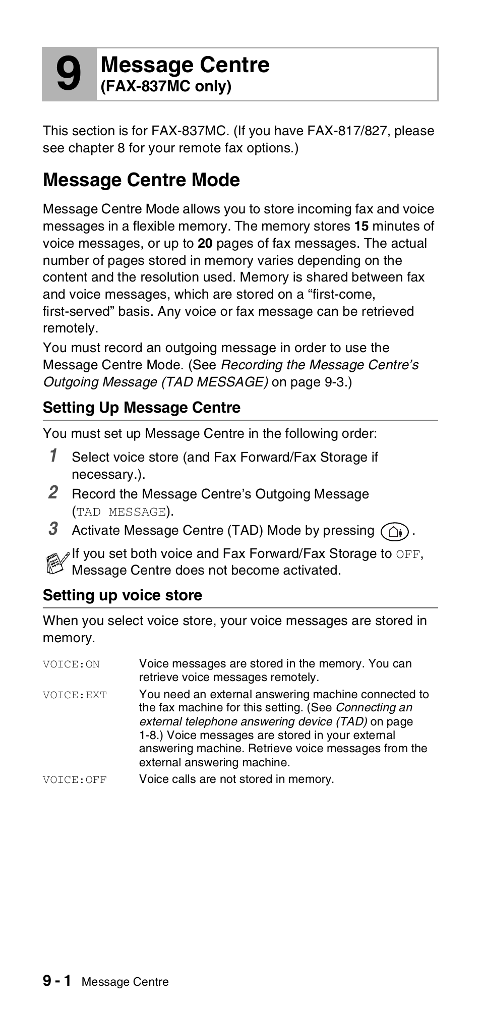 9 message centre (fax-837mc only), Message centre mode, Setting up message centre | Setting up voice store, Message centre (fax-837mc only) -1, Message centre mode -1, Message centre | Brother FAX-837MC User Manual | Page 84 / 130