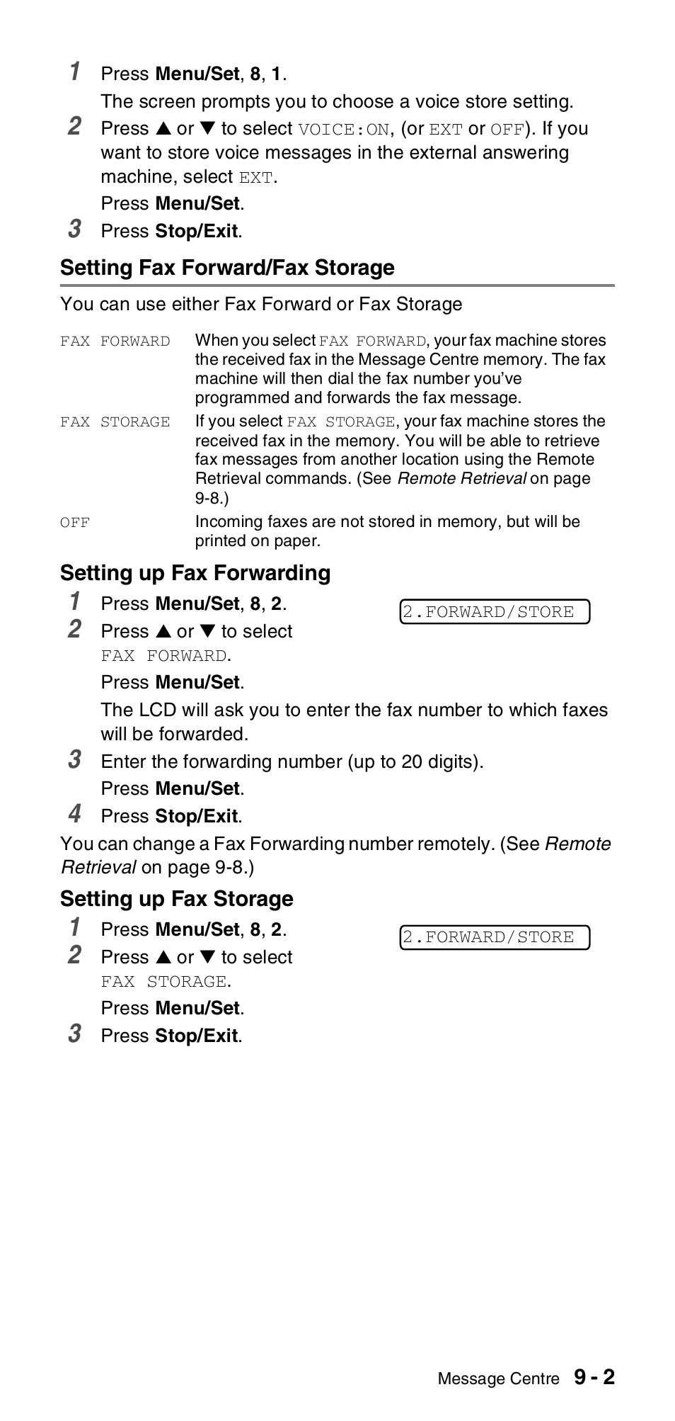 Setting fax forward/fax storage, Setting fax forward/fax storage -2 | Brother FAX-837MC User Manual | Page 85 / 130