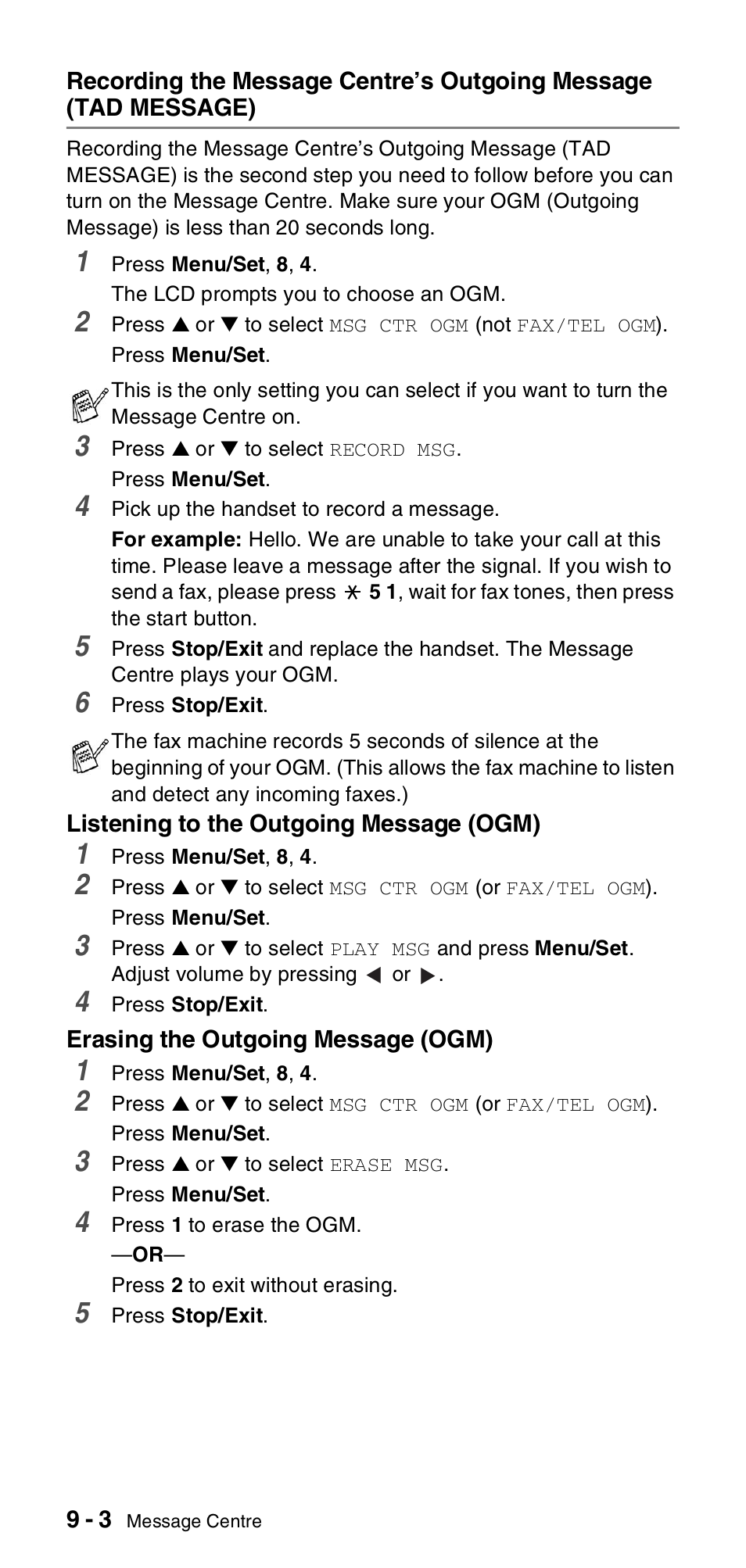 Recording the message centre’s outgoing message, Tad message) -3 | Brother FAX-837MC User Manual | Page 86 / 130