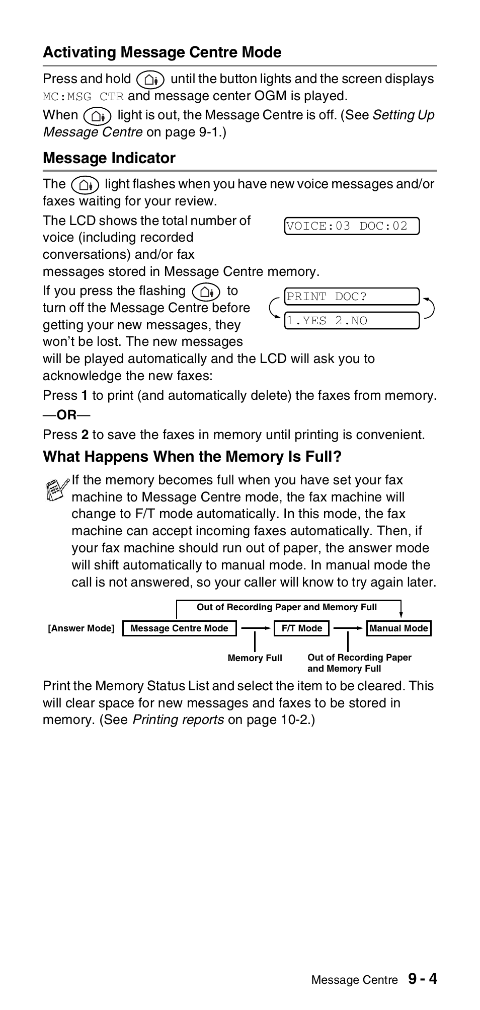 Activating message centre mode, Message indicator, 9 - 4 activating message centre mode | Brother FAX-837MC User Manual | Page 87 / 130