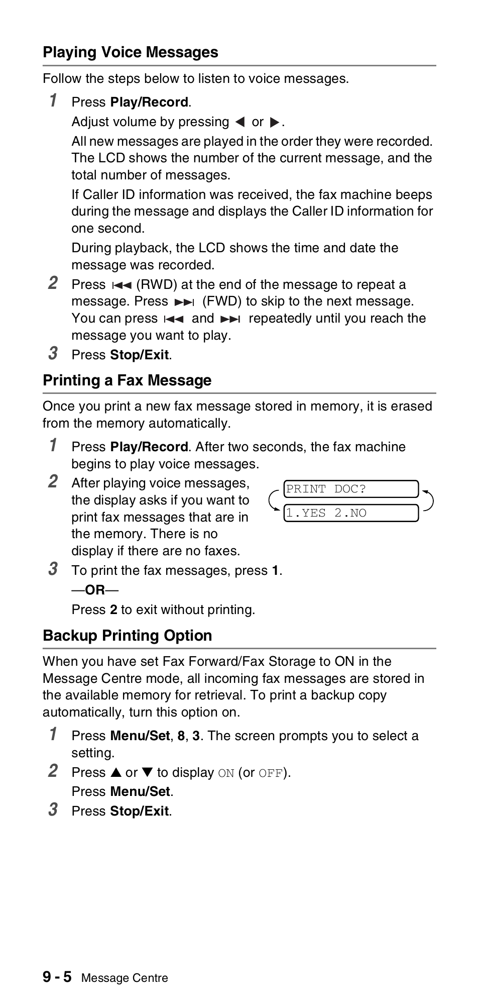 Playing voice messages, Printing a fax message, Backup printing option | Playing voice messages -5 | Brother FAX-837MC User Manual | Page 88 / 130