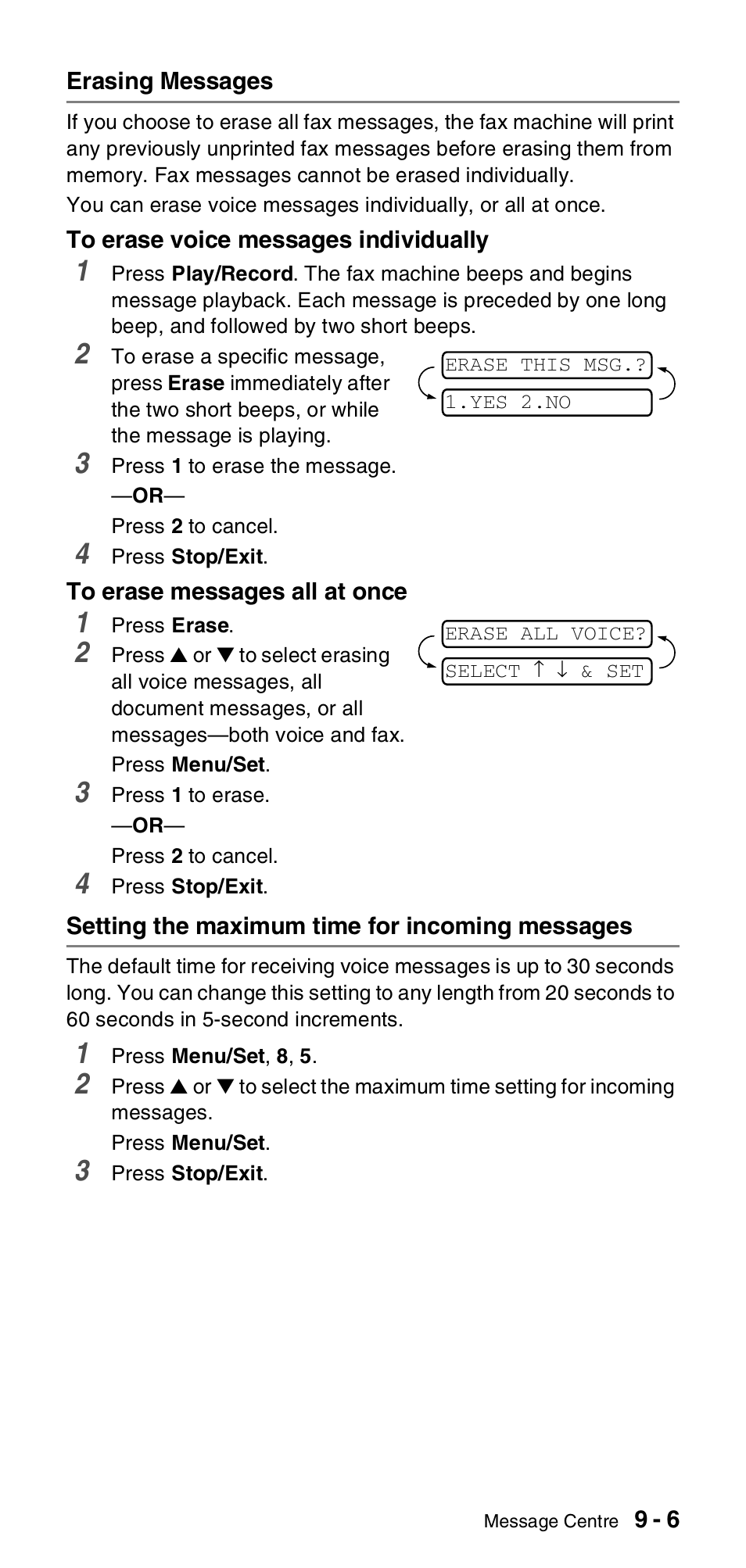 Erasing messages, Setting the maximum time for incoming messages | Brother FAX-837MC User Manual | Page 89 / 130