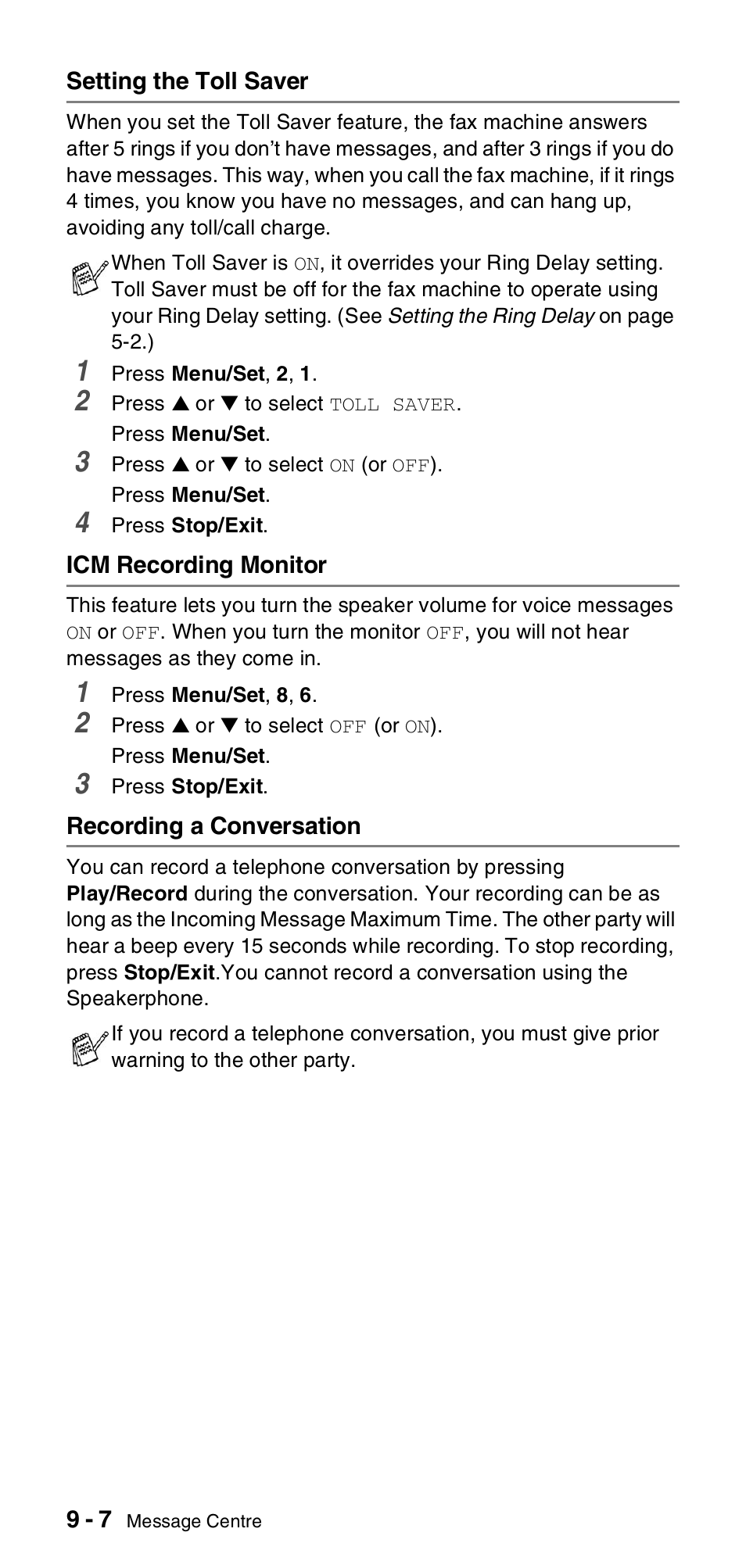 Setting the toll saver, Icm recording monitor, Recording a conversation | Brother FAX-837MC User Manual | Page 90 / 130