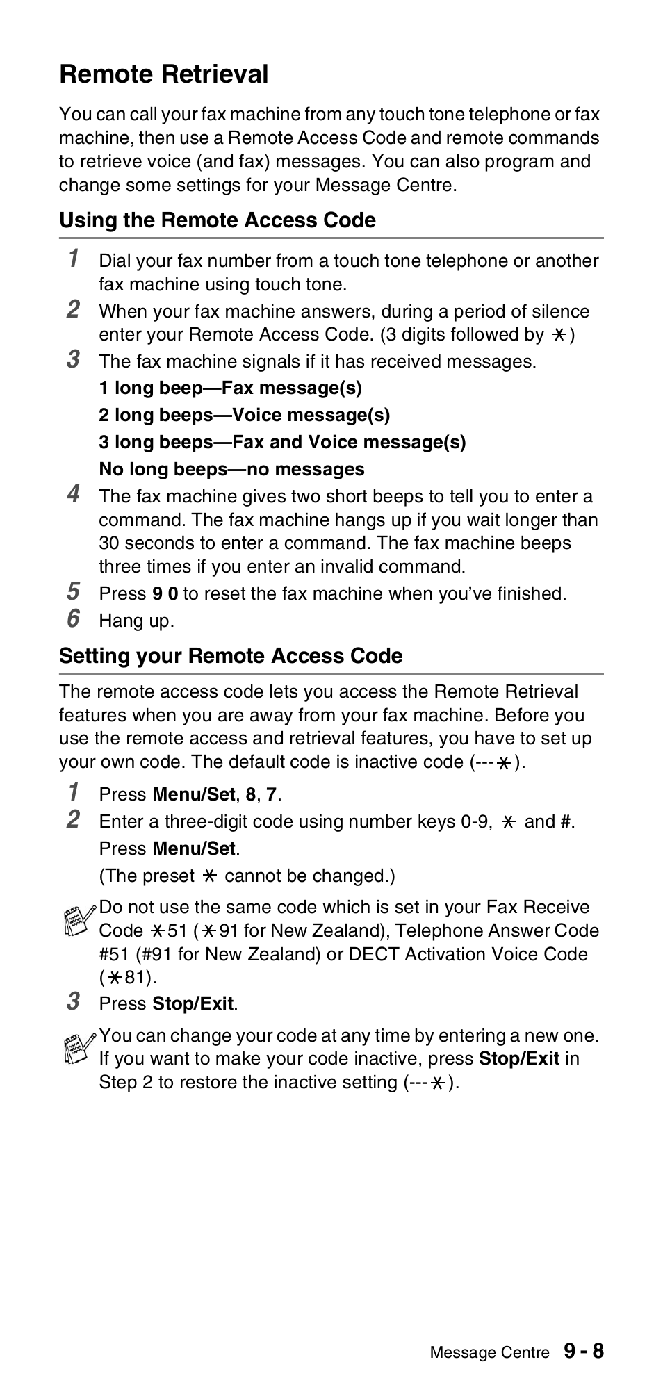 Remote retrieval, Using the remote access code, Setting your remote access code | Remote retrieval -8 | Brother FAX-837MC User Manual | Page 91 / 130