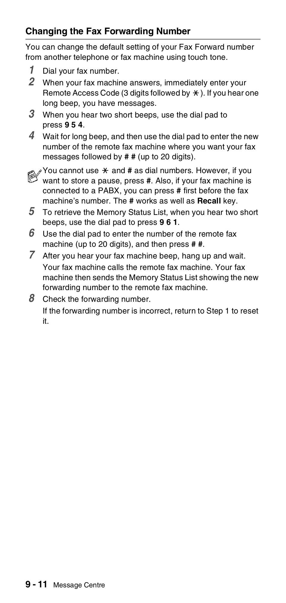 Changing the fax forwarding number, Changing the fax forwarding number -11 | Brother FAX-837MC User Manual | Page 94 / 130