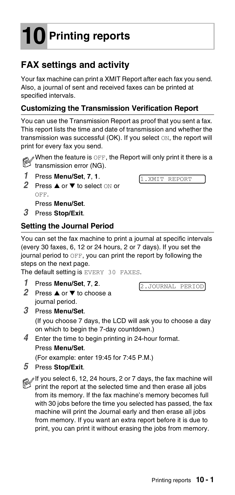 10 printing reports, Fax settings and activity, Customizing the transmission verification report | Setting the journal period, Printing reports -1, Fax settings and activity -1, Customizing the transmission verification, Report -1, Setting the journal period -1, Printing reports | Brother FAX-837MC User Manual | Page 95 / 130