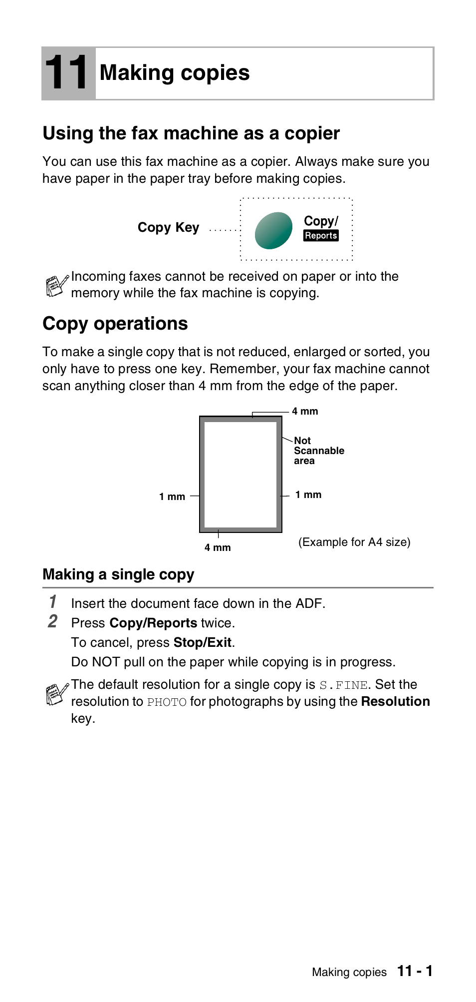 11 making copies, Using the fax machine as a copier, Copy operations | Making a single copy, Making copies -1, Making a single copy -1, Making copies | Brother FAX-837MC User Manual | Page 97 / 130