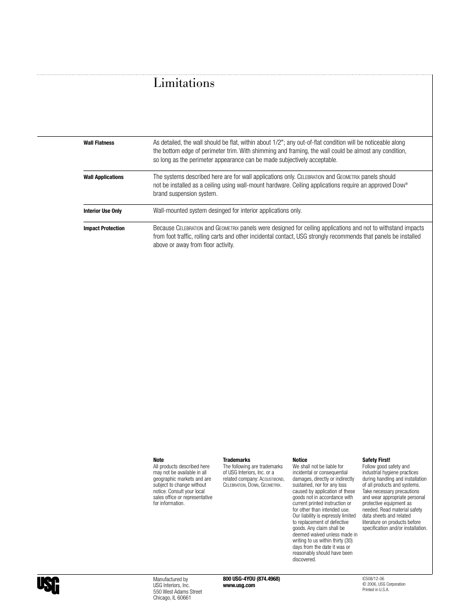 Limitations | USG Geometrix Panels Wall Mount Solution User Manual | Page 8 / 8