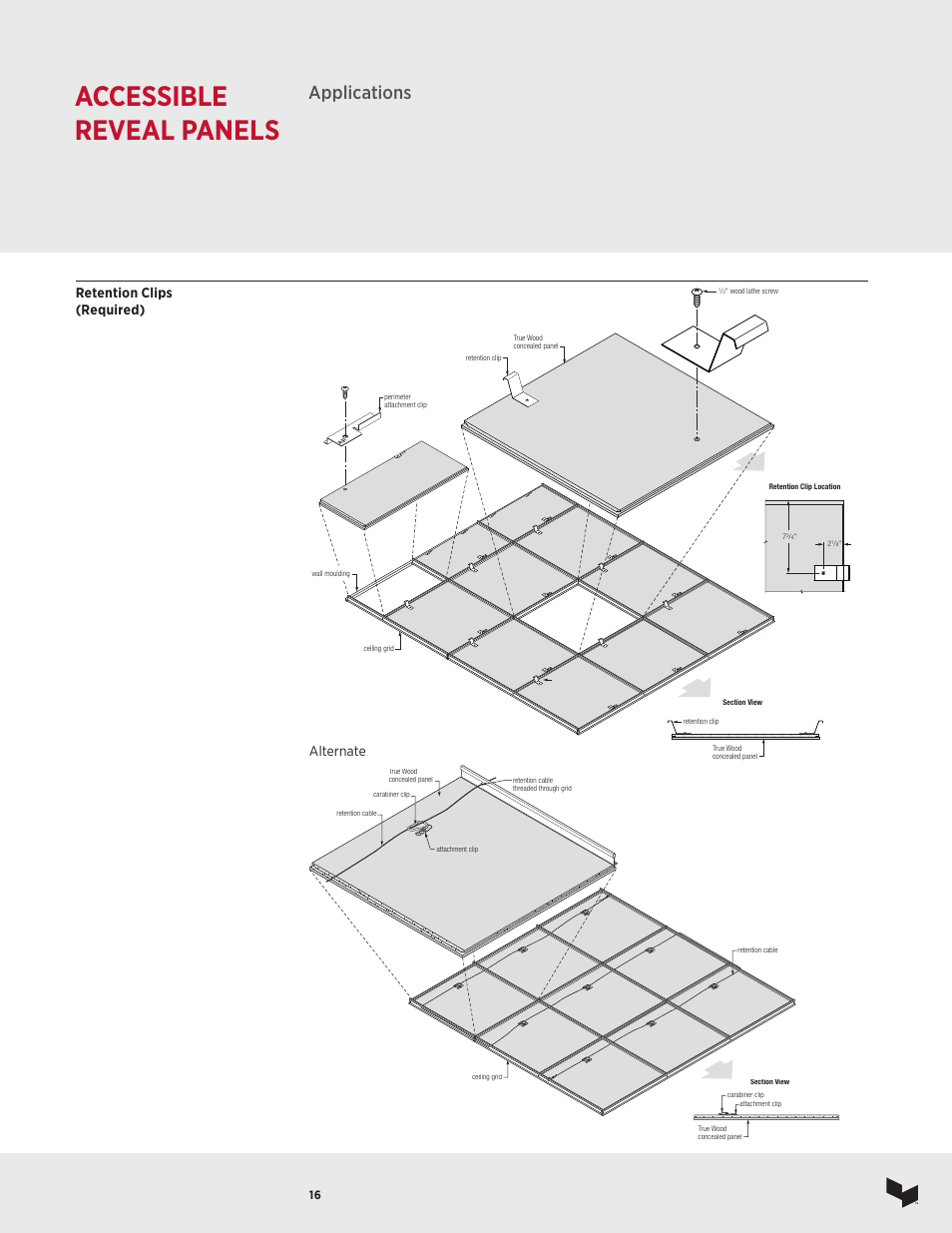 Accessible reveal panels, Applications, Retention clips (required) | Alternate | USG Ceiling True Wood User Manual | Page 17 / 31