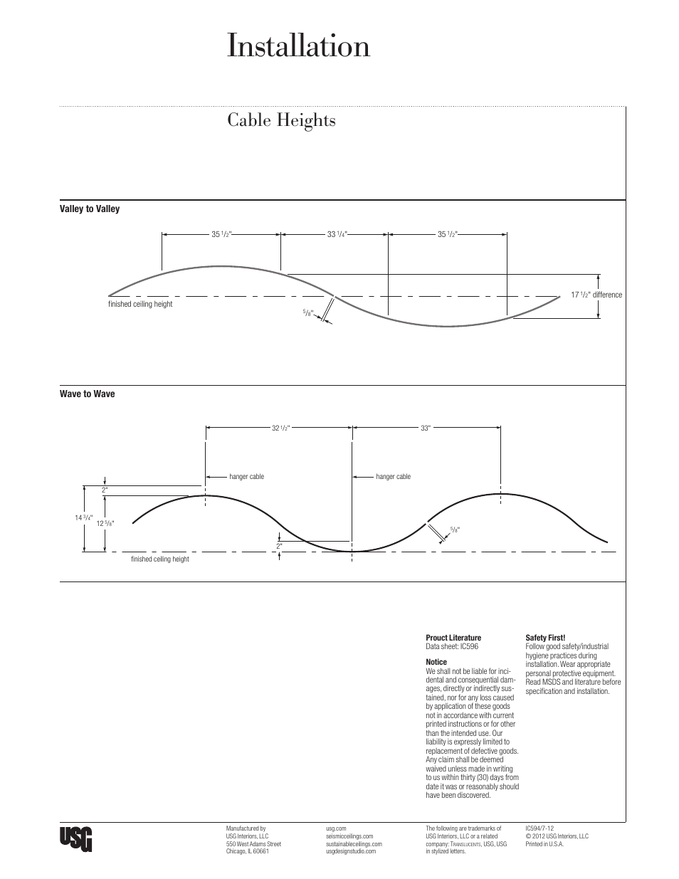 Installation, Cable heights, Valley to valley wave to wave | USG Translucents Canopies User Manual | Page 14 / 14