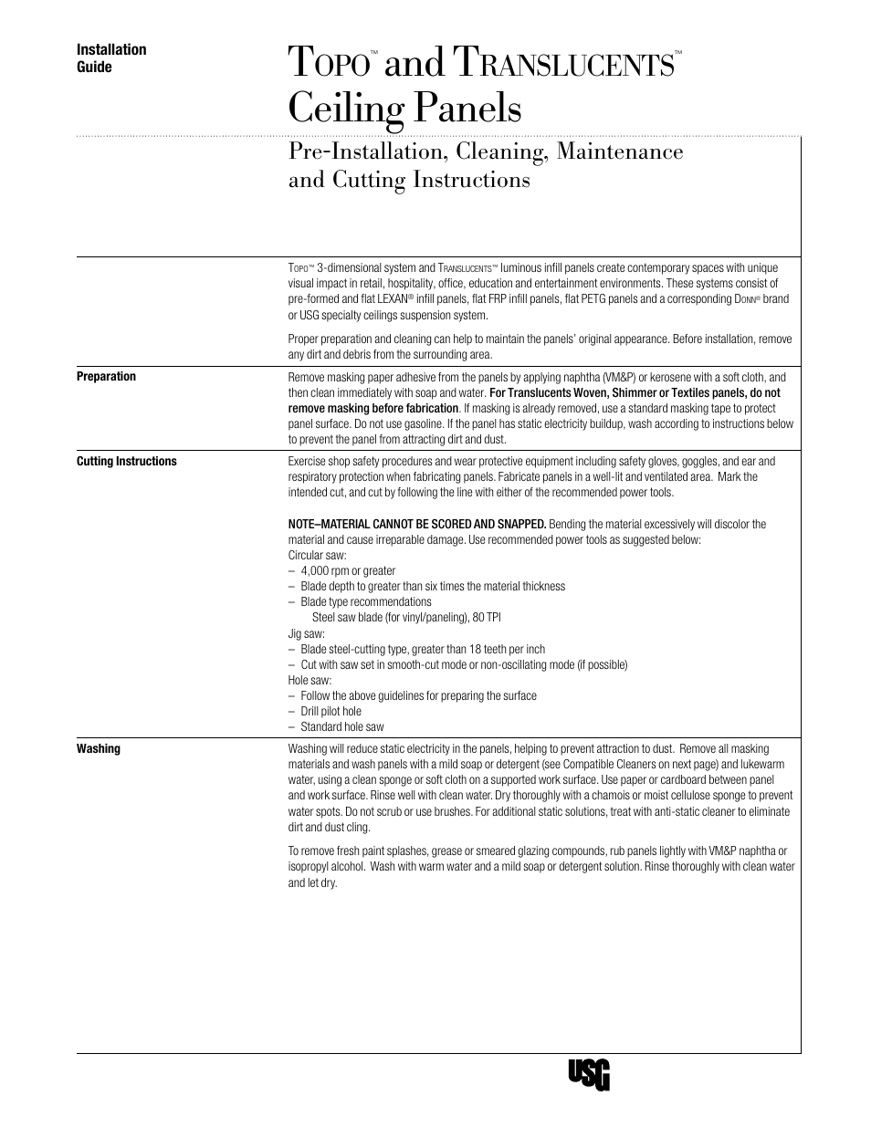 USG Translucents Ceiling Panels User Manual | 2 pages