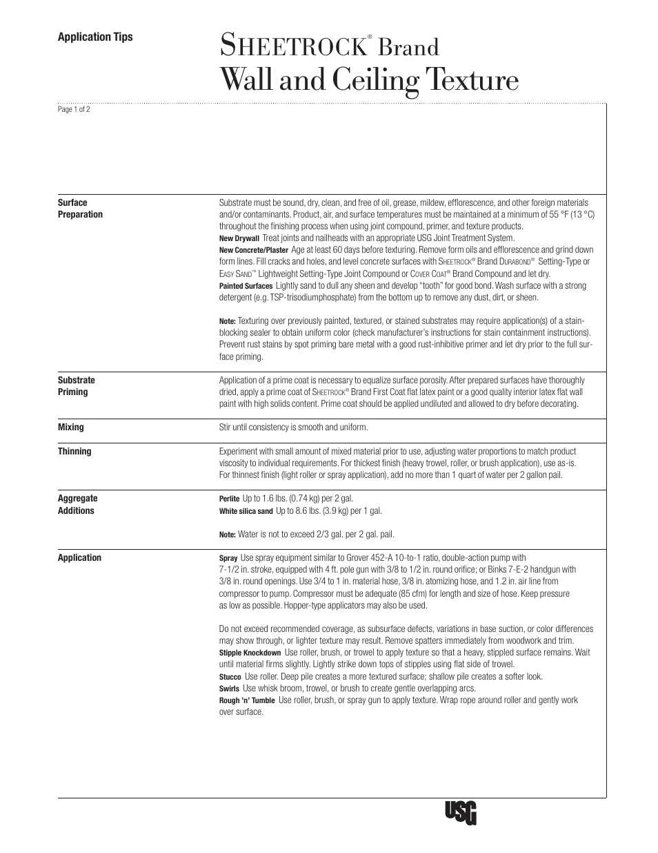 USG Sheetrock Wall and Ceiling Texture User Manual | 2 pages