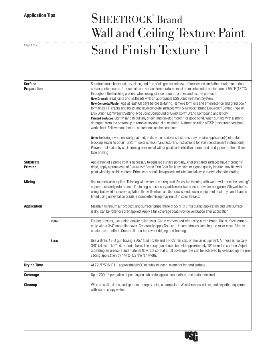 USG Sheetrock Wall and Ceiling Texture Paint Sand Finish Texture 1 User Manual | 2 pages