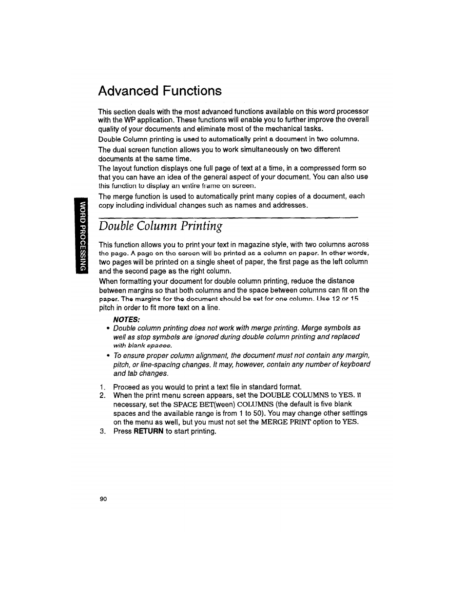 Advanced functions, Double column printing, Notes | Brother WP330MDS User Manual | Page 100 / 322