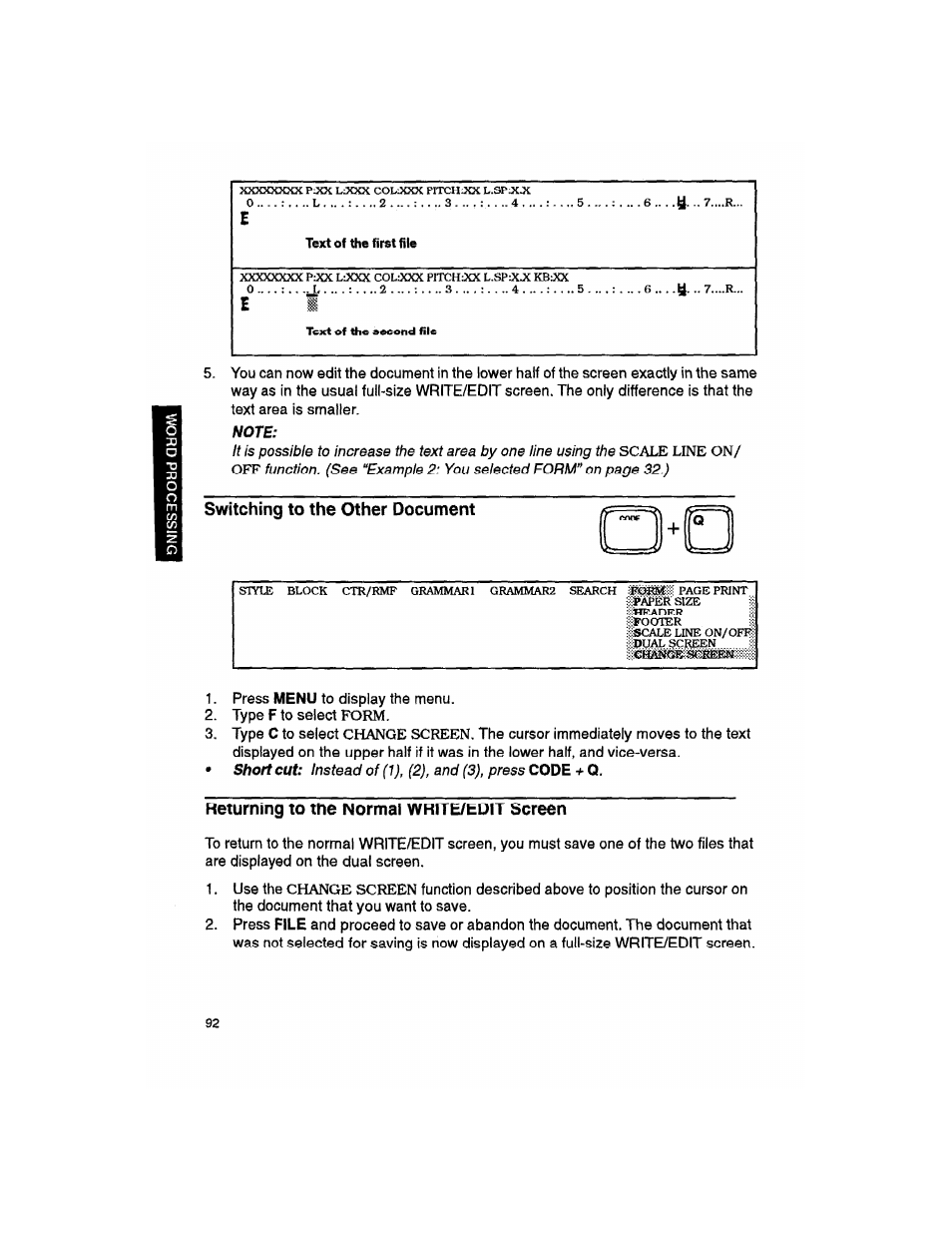 Note, Switching to the other document, Returning to the normal write/edit screen | Returning to the normal wrr b/edi i screen | Brother WP330MDS User Manual | Page 102 / 322