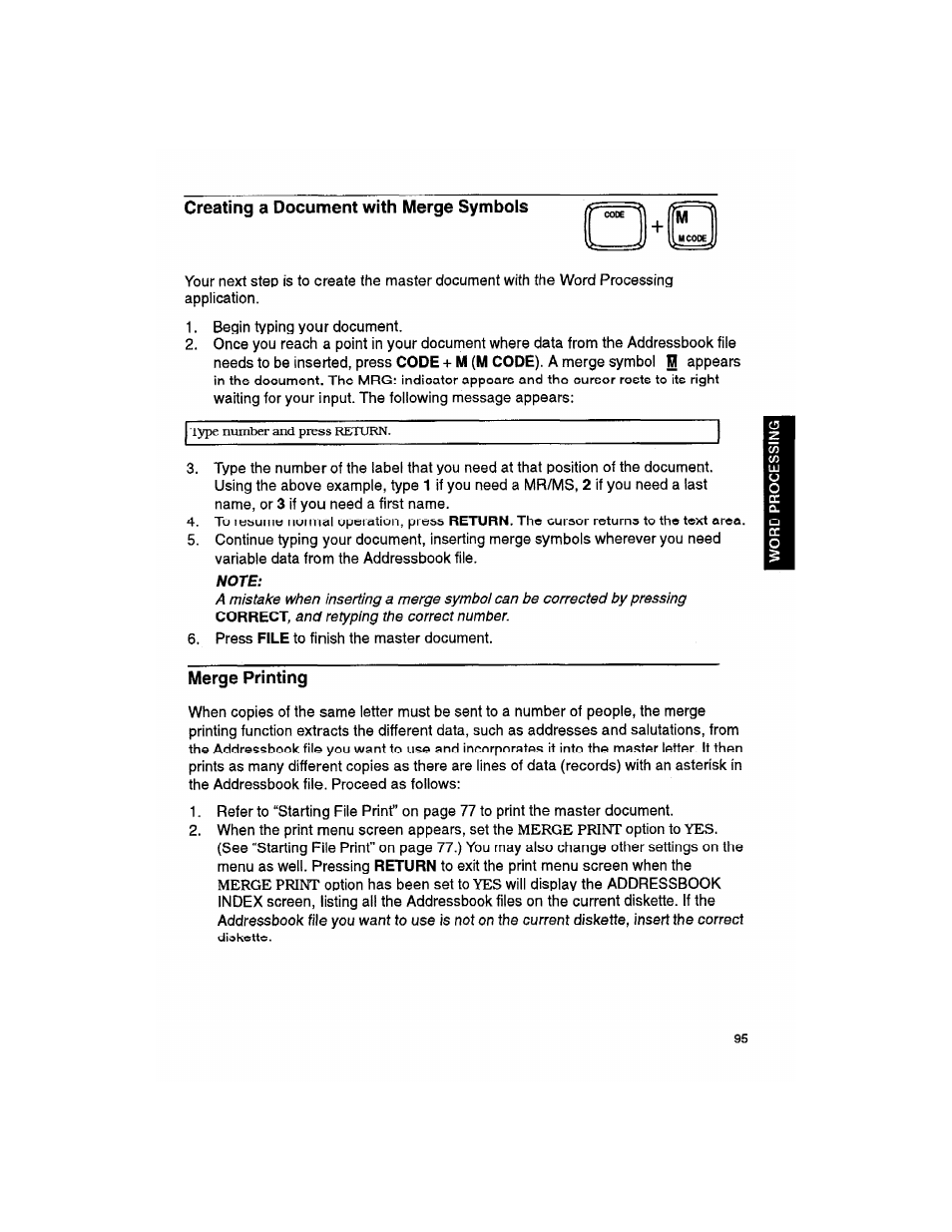 Creating a document with merge symbols, Note, Merge printing | Brother WP330MDS User Manual | Page 105 / 322