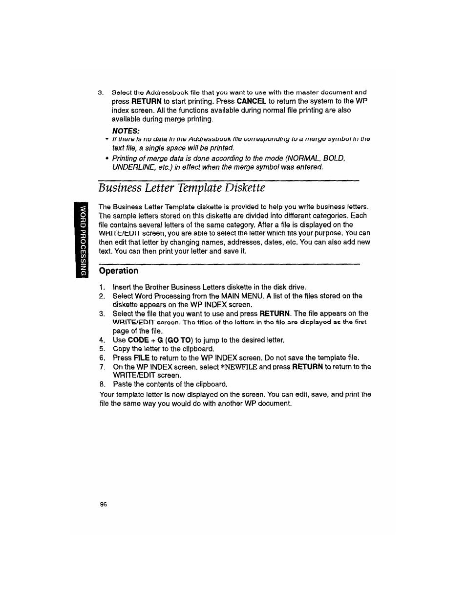 Notes, Business letter template diskette, Operation | Brother WP330MDS User Manual | Page 106 / 322