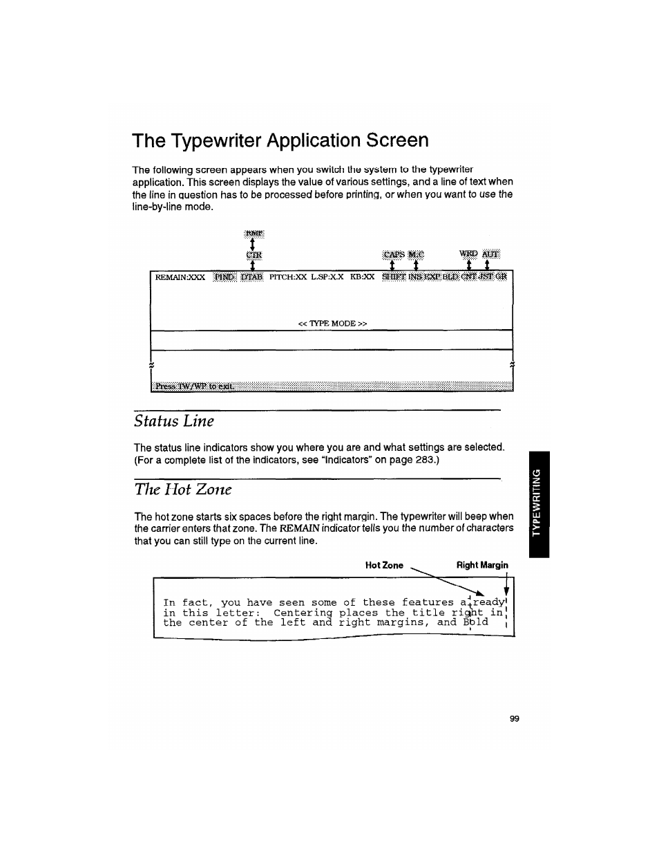 The typewriter application screen, Status line, Tlw hot zone | The typewriter appiication screen, The hot zone | Brother WP330MDS User Manual | Page 109 / 322