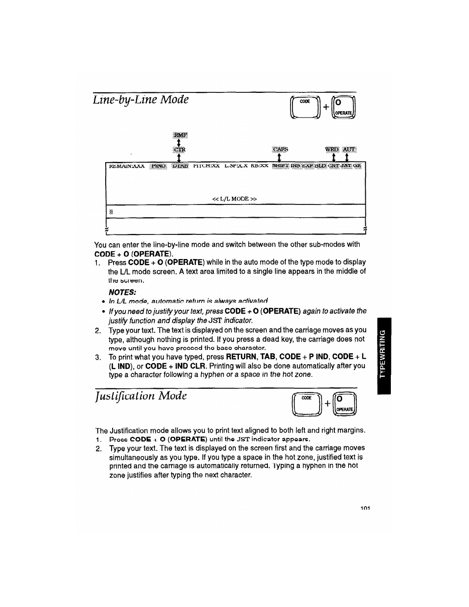 Line-by-line mode, Notes, Justification mode | Code + o (operate) | Brother WP330MDS User Manual | Page 111 / 322