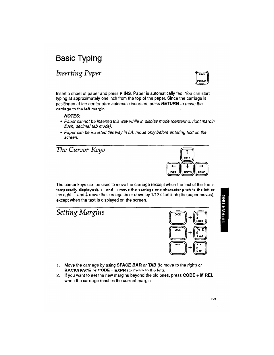 Basic typing, Inserting paper, Notes | Setting margins, The cursor keys | Brother WP330MDS User Manual | Page 113 / 322