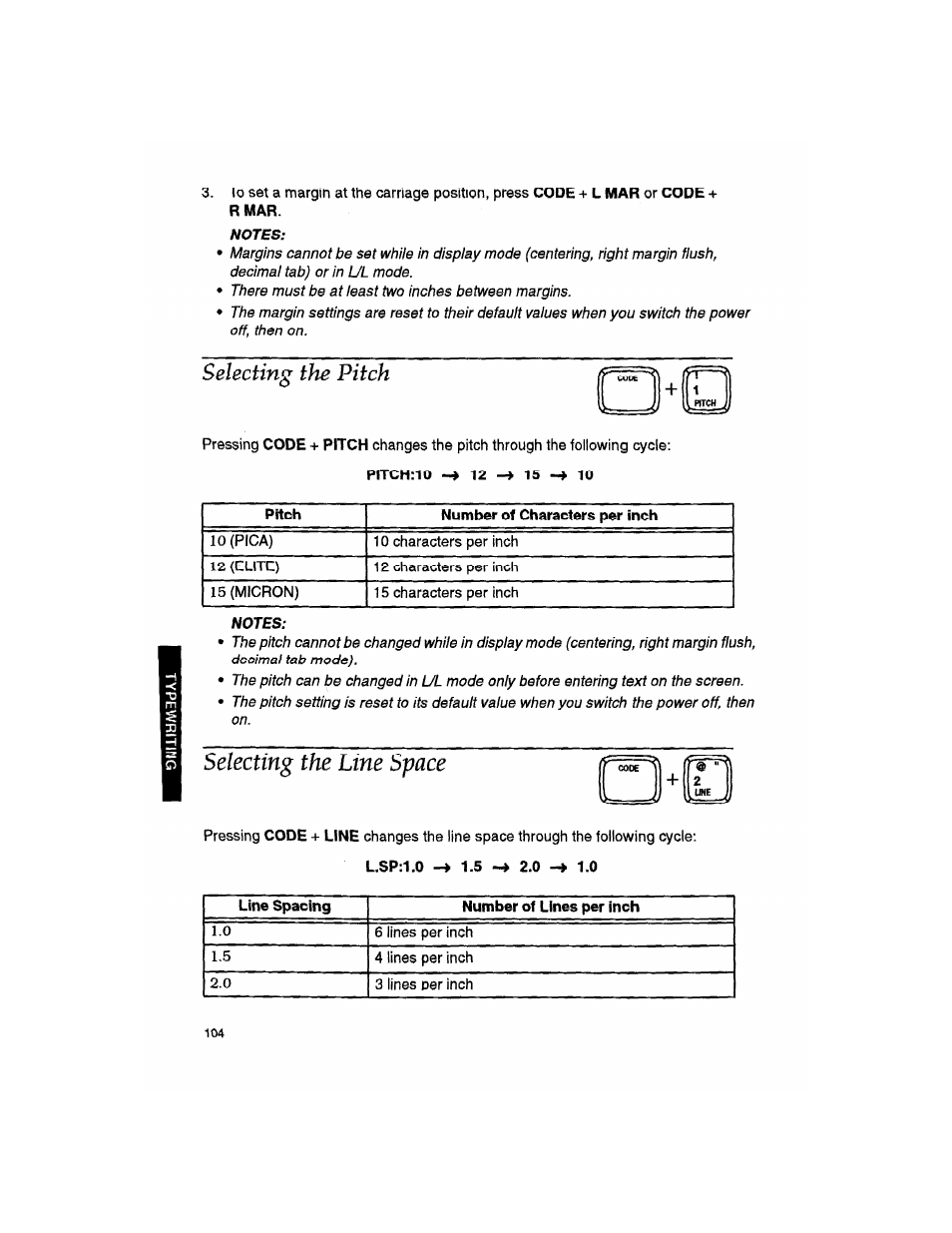 Notes, Selecting the line space, Selecting the pitch | Brother WP330MDS User Manual | Page 114 / 322